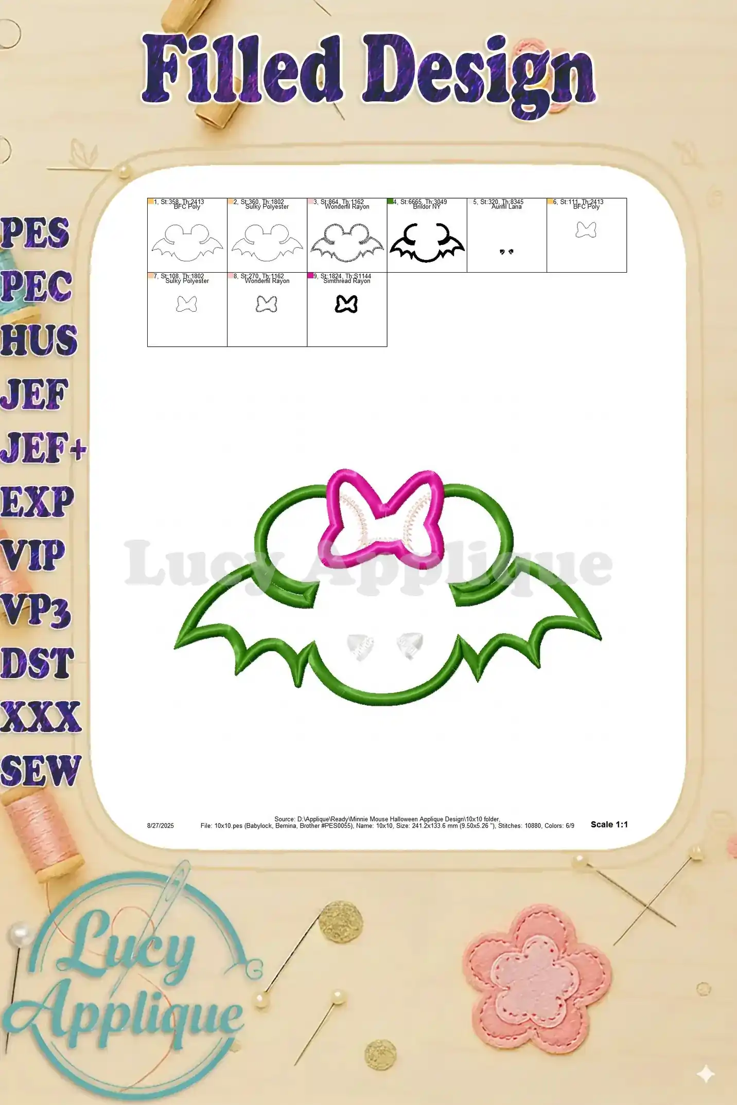 Filled design preview of the Minnie Mouse Halloween bat applique, showing the completed embroidery with all colors and details.