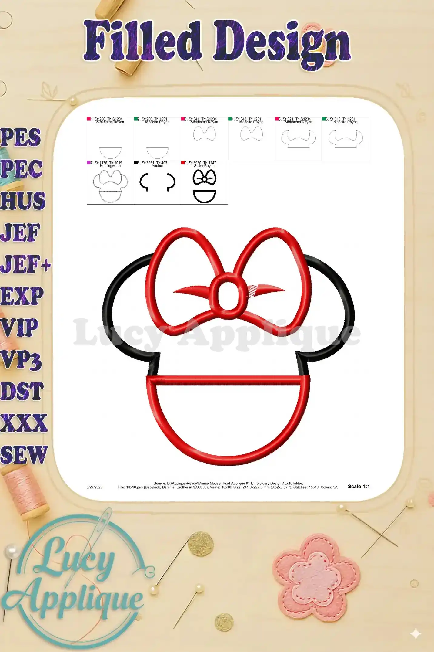Filled design of the Minnie Mouse head applique, showcasing the completed look with all the colors and details. A preview of the end result.