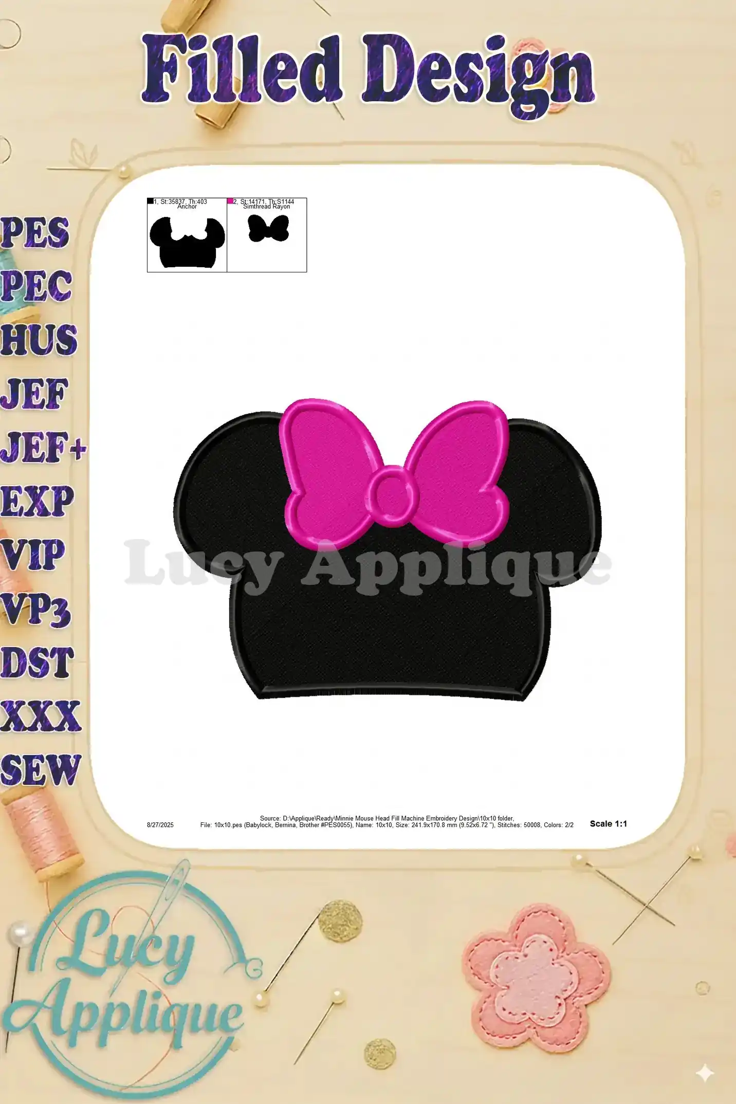 Detailed view of the Minnie Mouse head embroidery design, showing the accurate scale and stitch details. It's useful for precise embroidery.