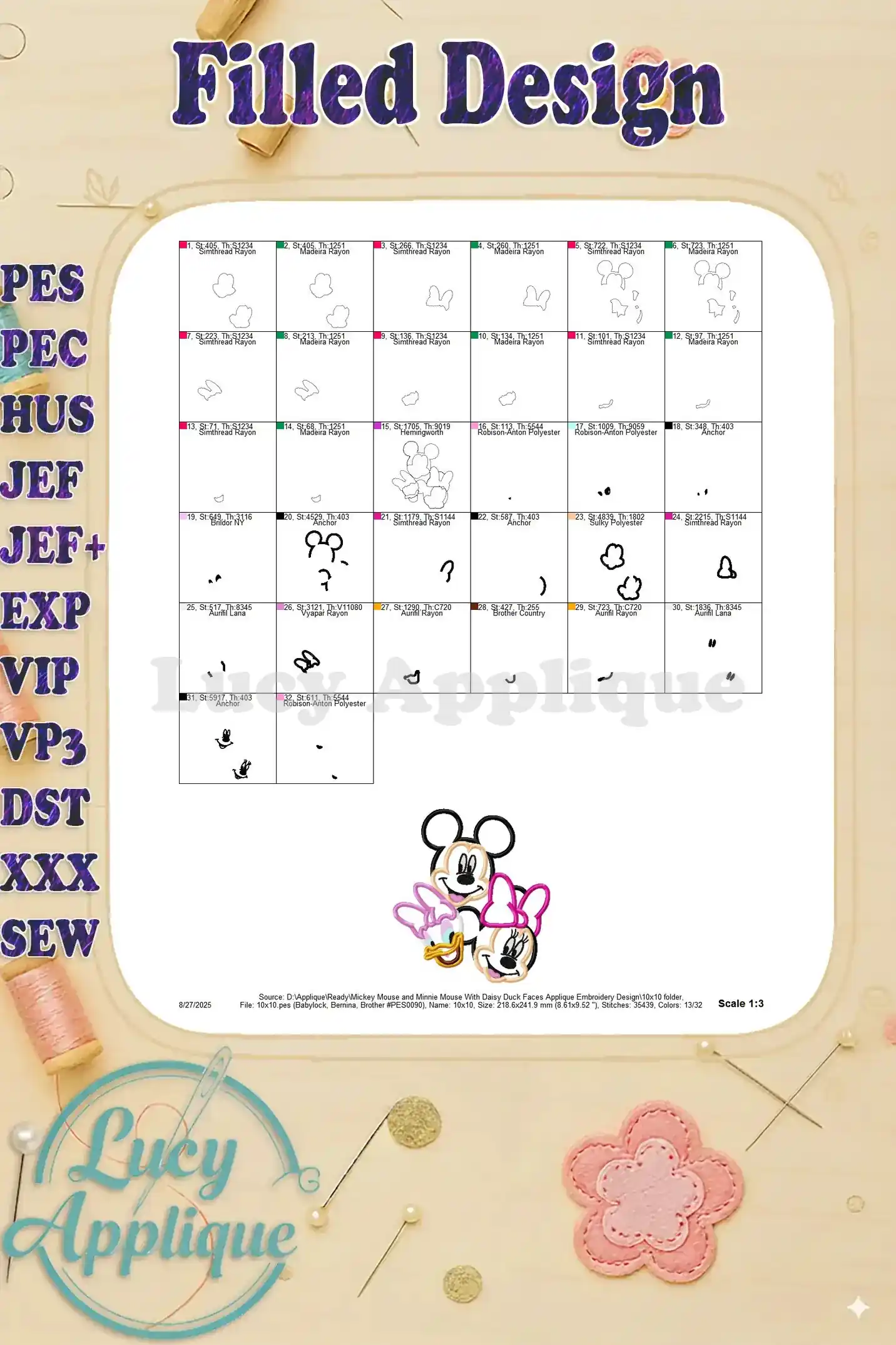 Filled design section showing thread usage and color codes for the applique embroidery design.