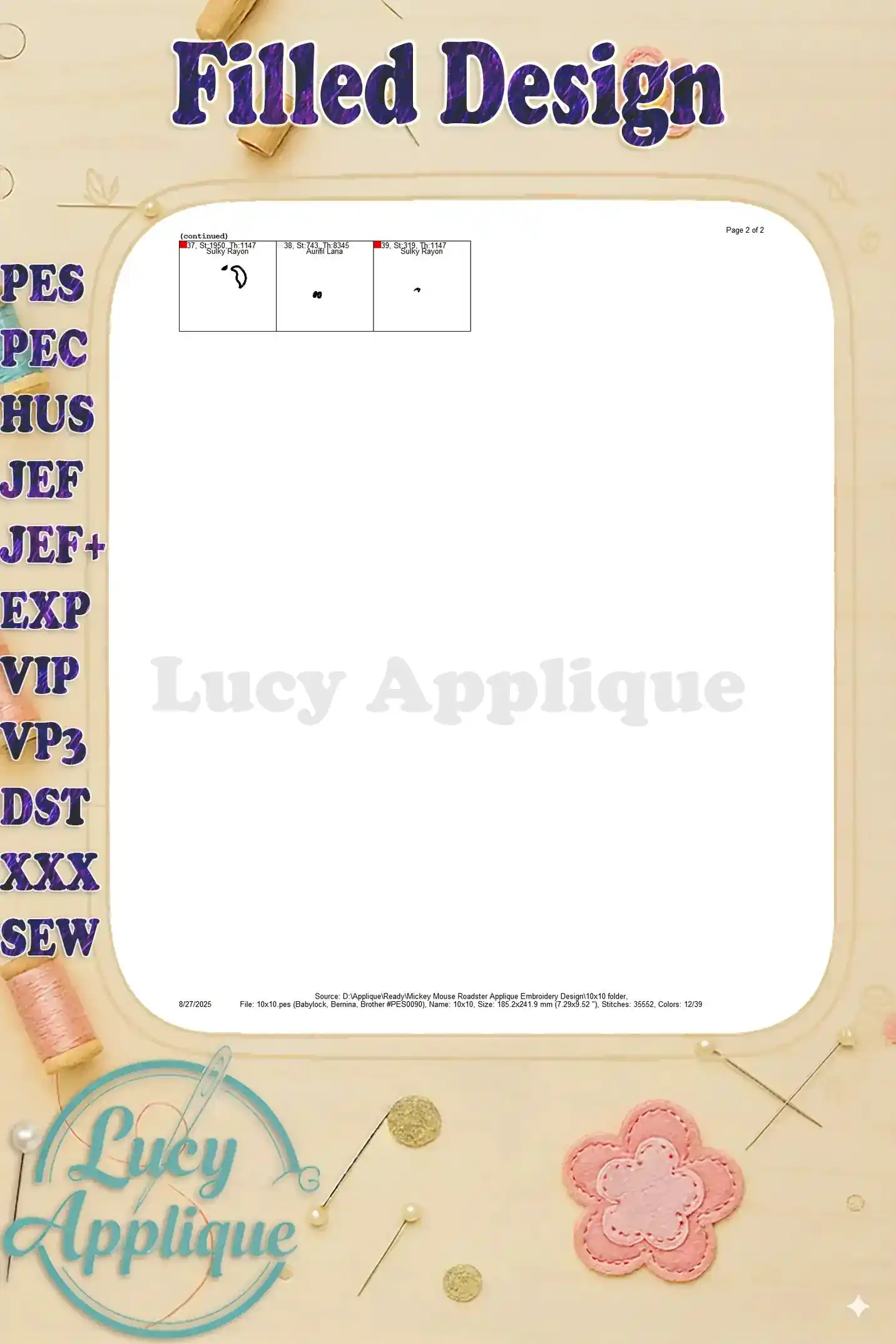 Second page of the filled design worksheet, offering additional stitch and color details.