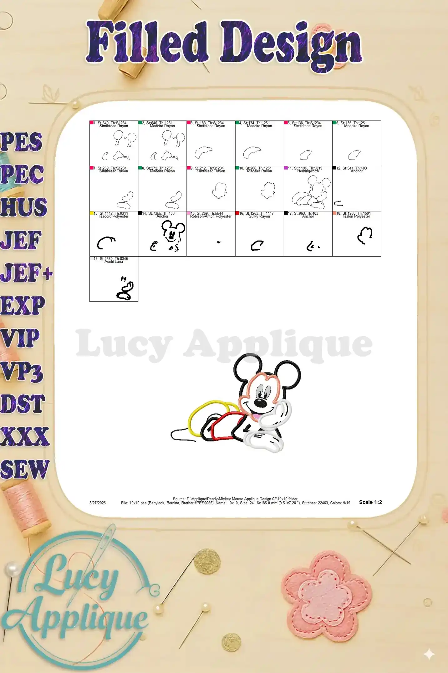 Filled design showing the completed Mickey Mouse applique embroidery. Shows color variations and the overall embroidered look. Great for visualizing the end result.