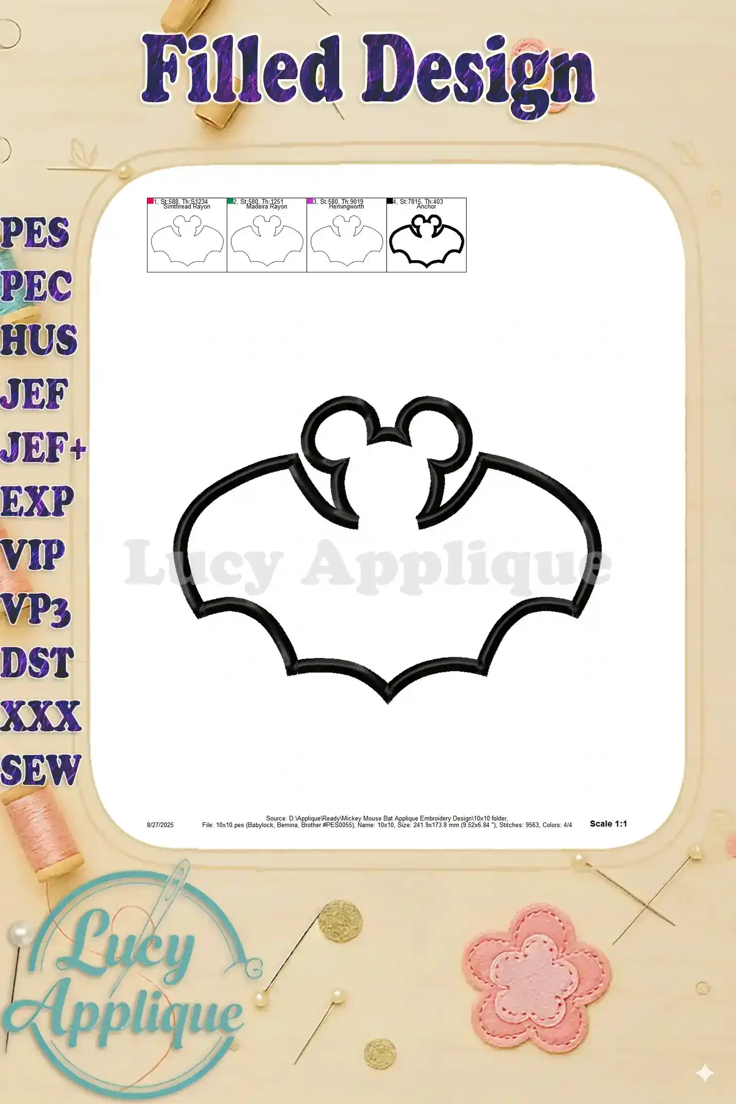 Filled design image of the Mickey Mouse bat applique, showing the design's complete appearance after stitching. Various color options are displayed.