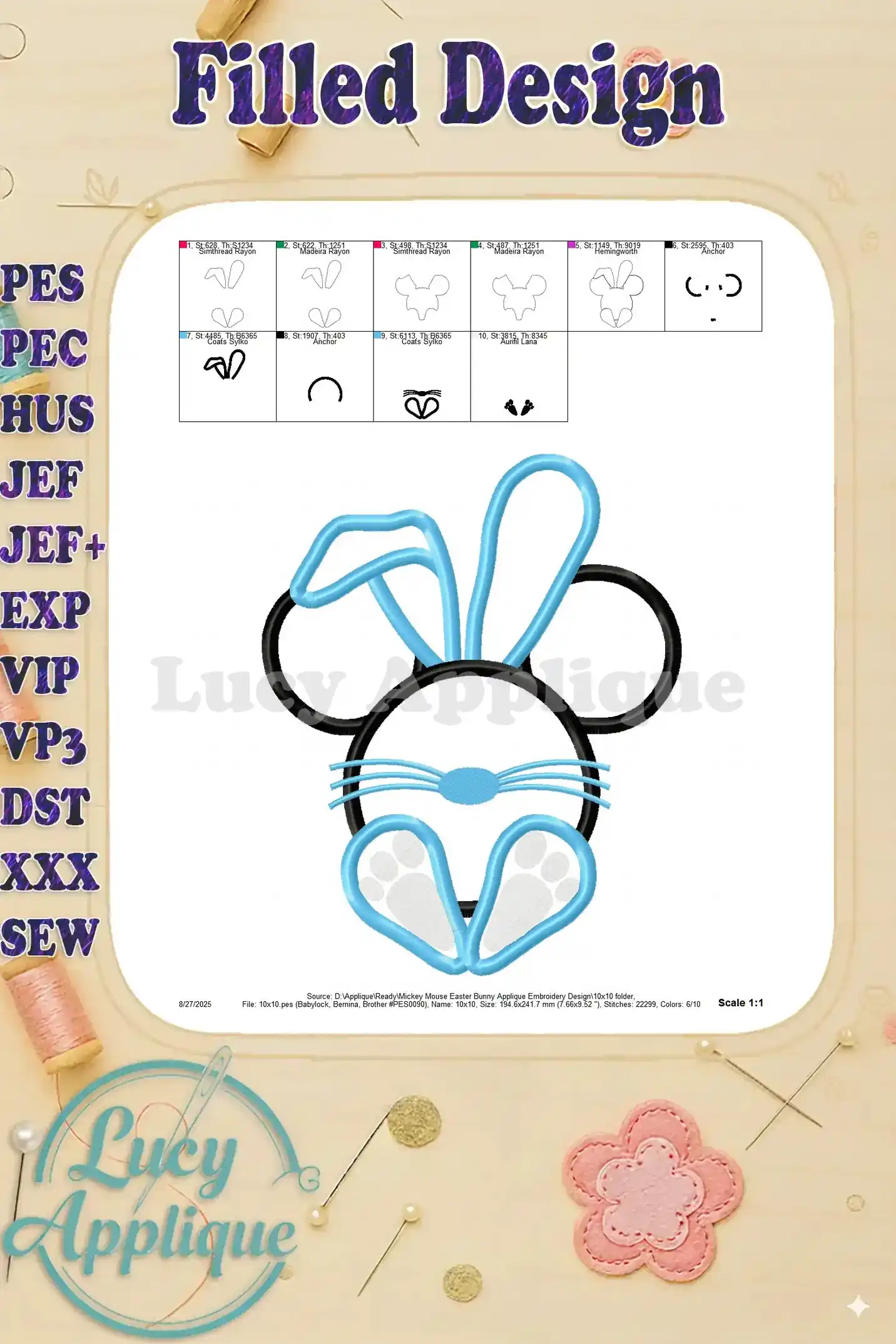 A filled design display shows the completed Mickey Mouse Easter Bunny embroidery design, highlighting the finished look and stitch density.