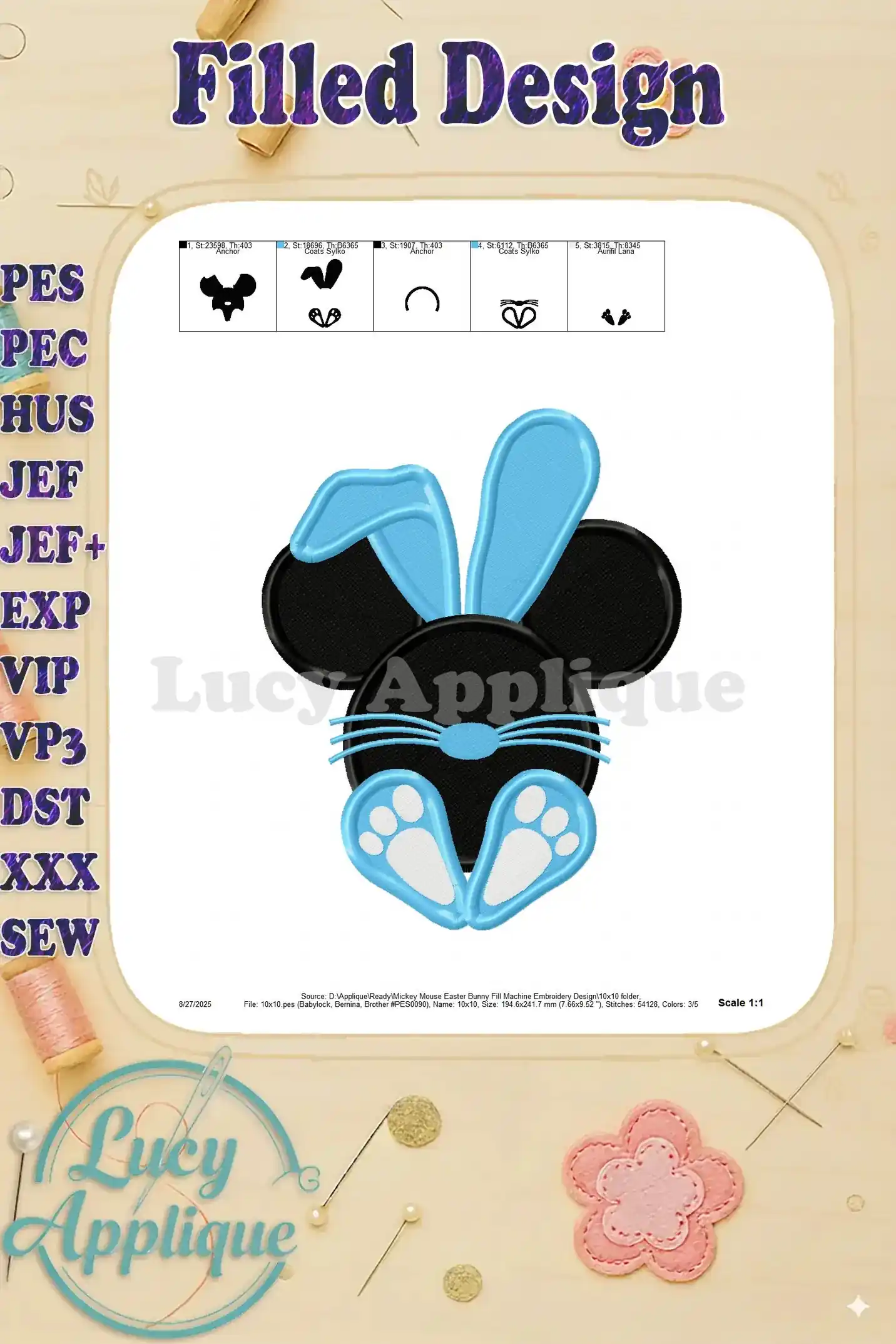 Scale 1:1 view of the completed Mickey Mouse Easter Bunny embroidery design, showing the accurate size and color details.