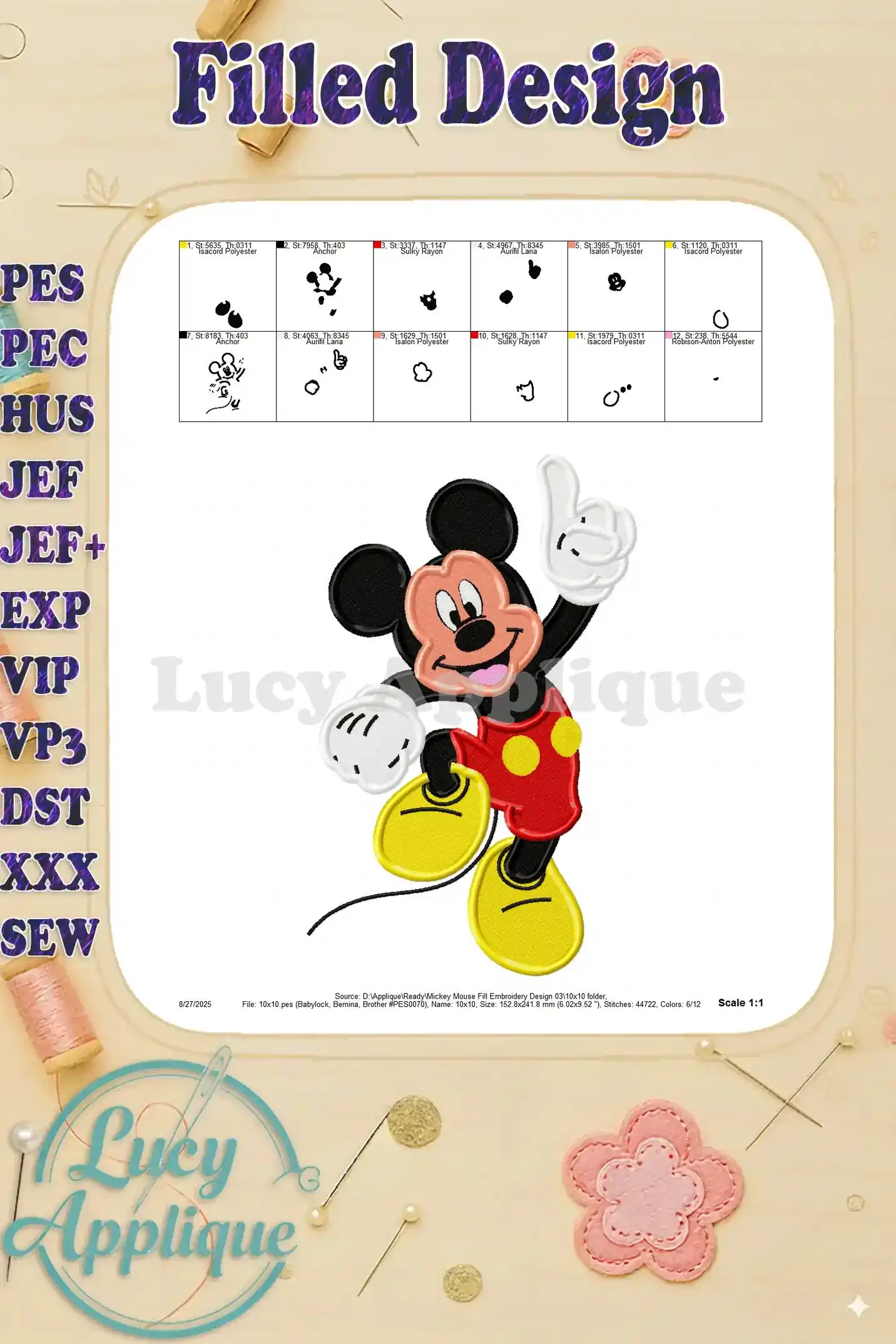 A detailed close-up view of the Mickey Mouse filled embroidery design, showcasing the high-quality stitching and excellent color reproduction.