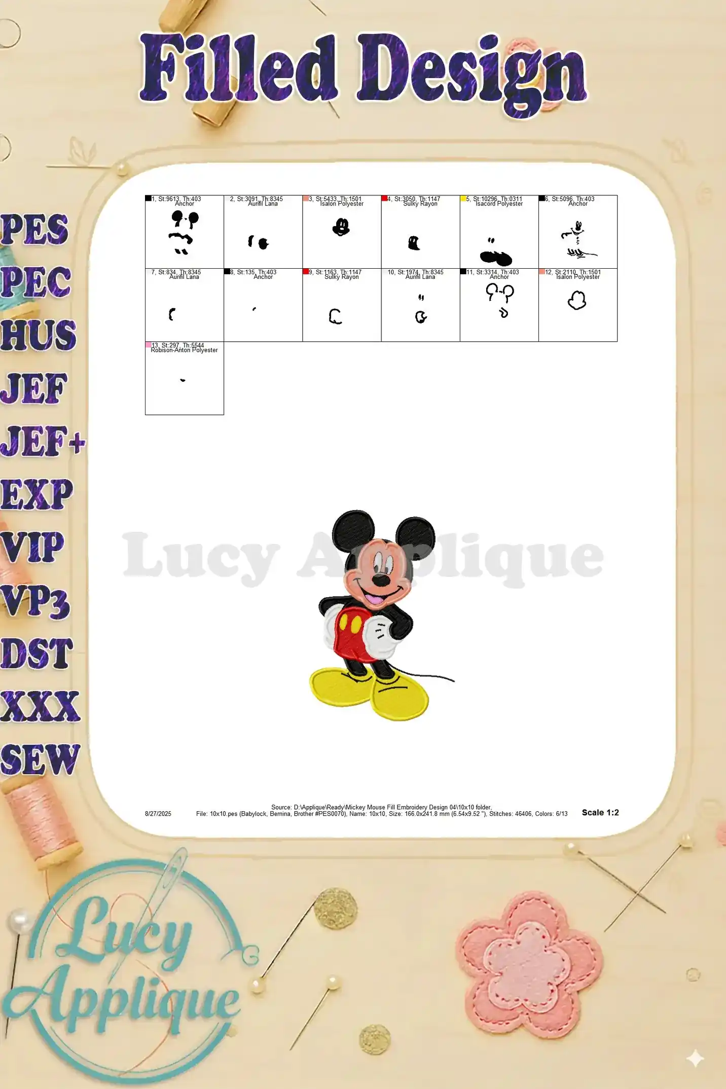 A detailed view of the Mickey Mouse embroidery design, showing the stitch types and color variations. Easy-to-follow instructions included!