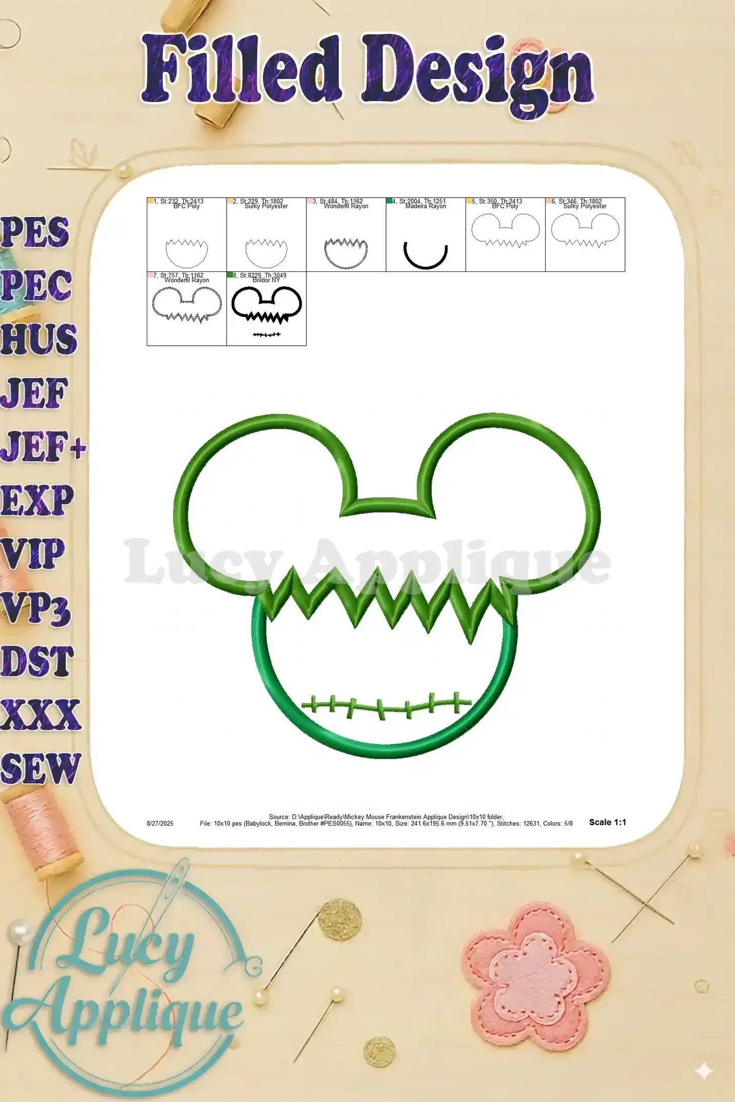 Filled design image showcasing the completed Mickey Mouse Frankenstein applique design. This image provides a clear view of the finished product and stitch quality.
