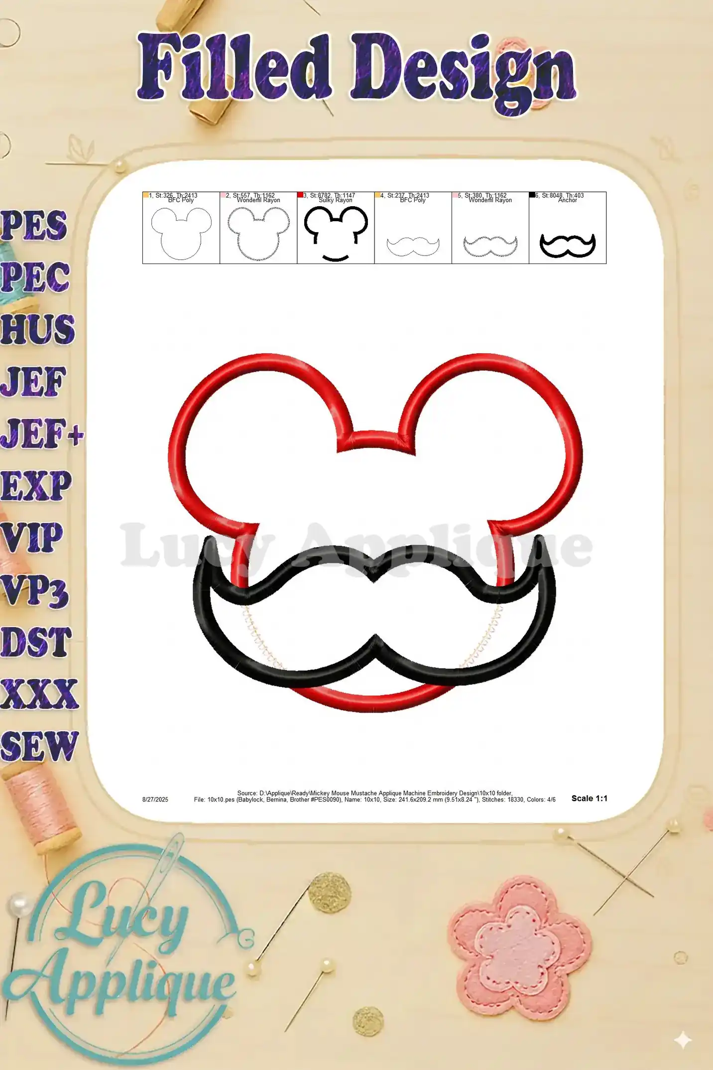 Filled design image displaying the final look of the Mickey Mouse applique embroidery, showing the complete design with all colors and stitches.