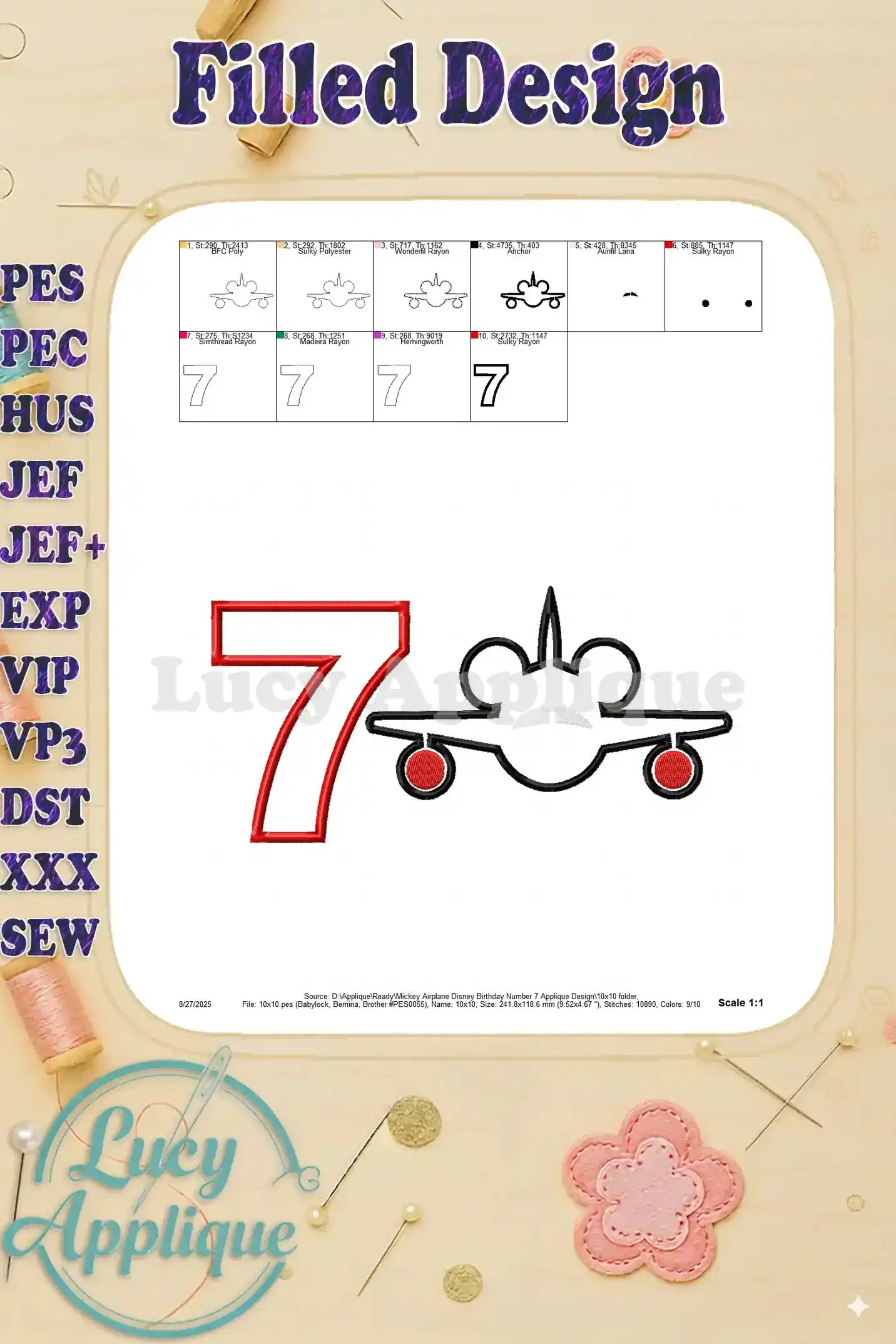Filled design showing the complete Mickey Mouse airplane and number 7 applique, with thread details and stitch count for reference.