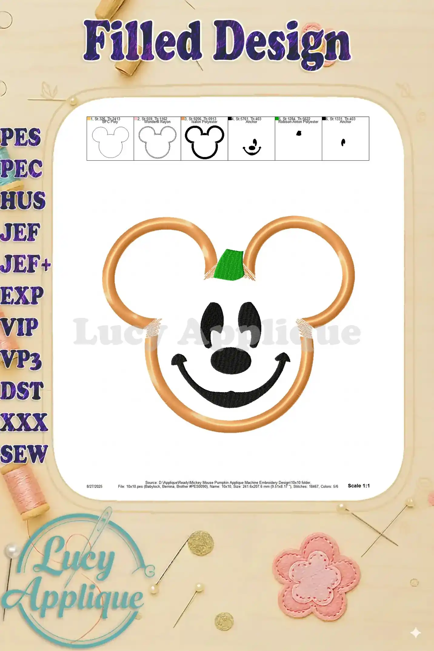 Filled design image for Mickey Mouse Pumpkin Applique machine embroidery design, showing the finished look of the design.