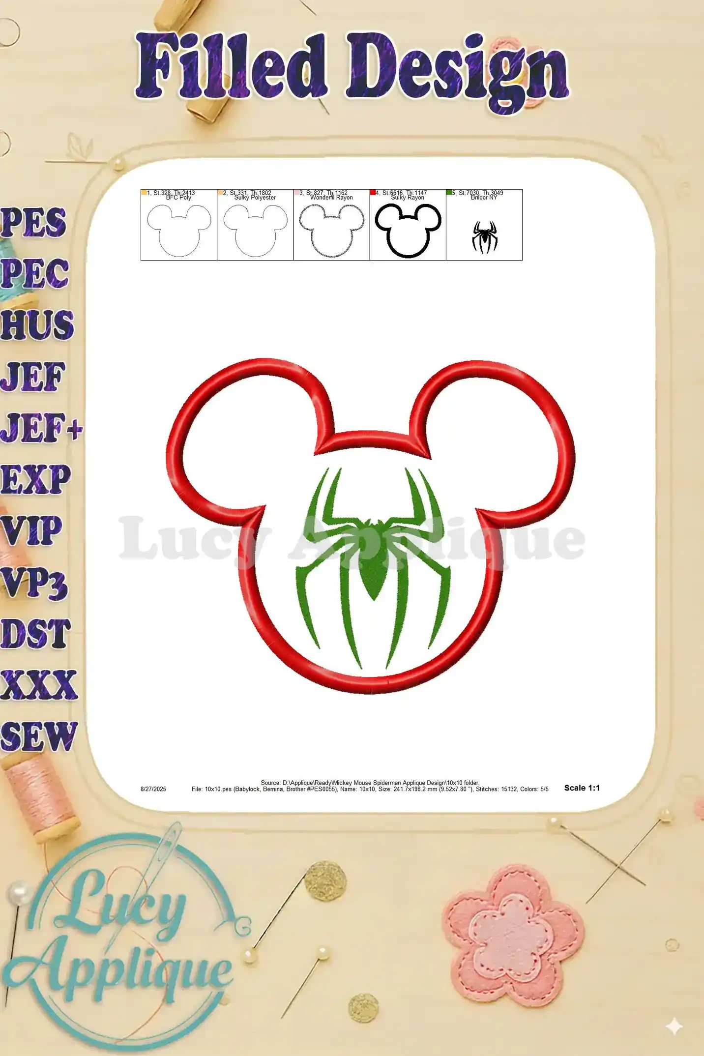 View of a filled Mickey Mouse design with Spiderman's emblem, showcasing the completed embroidery with different color options.
