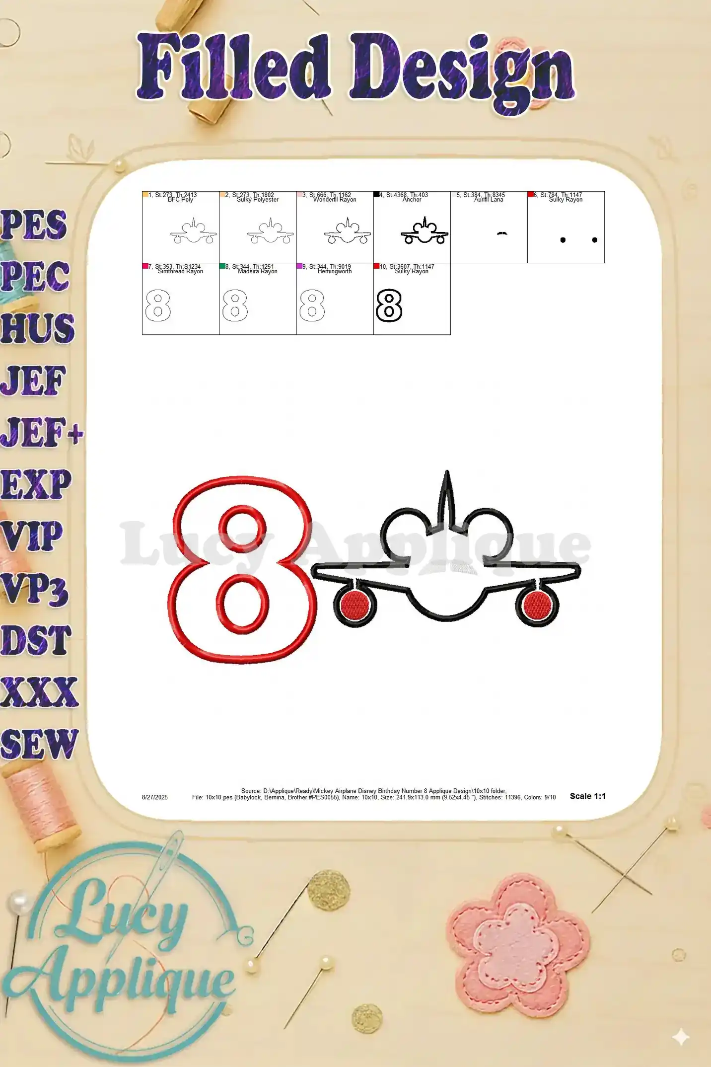 Filled design showing the complete Mickey Mouse airplane applique. Final product preview before stitching.