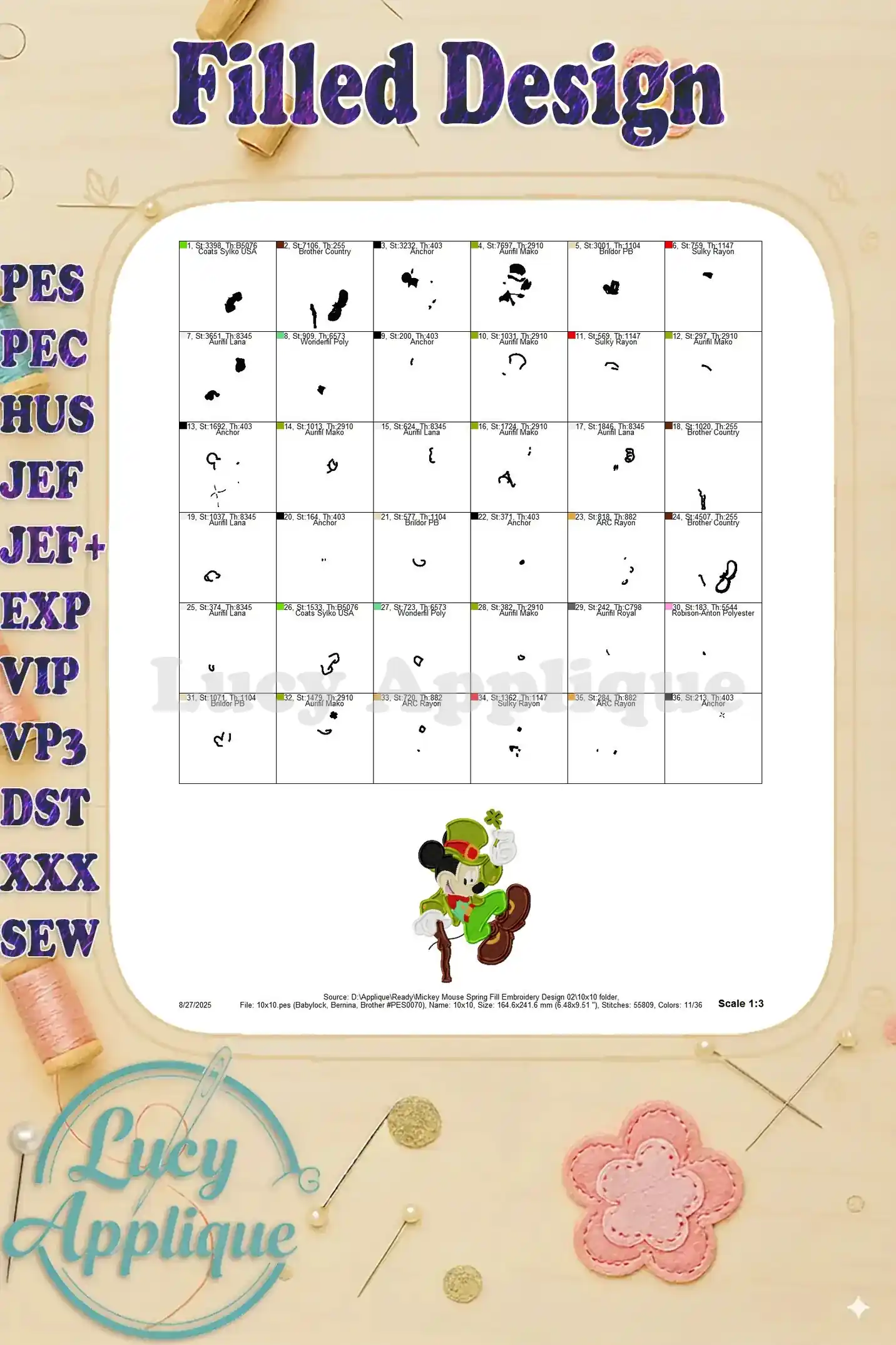 A detailed thread chart for the Mickey Mouse Spring Fill Embroidery design, showing thread colors and codes.