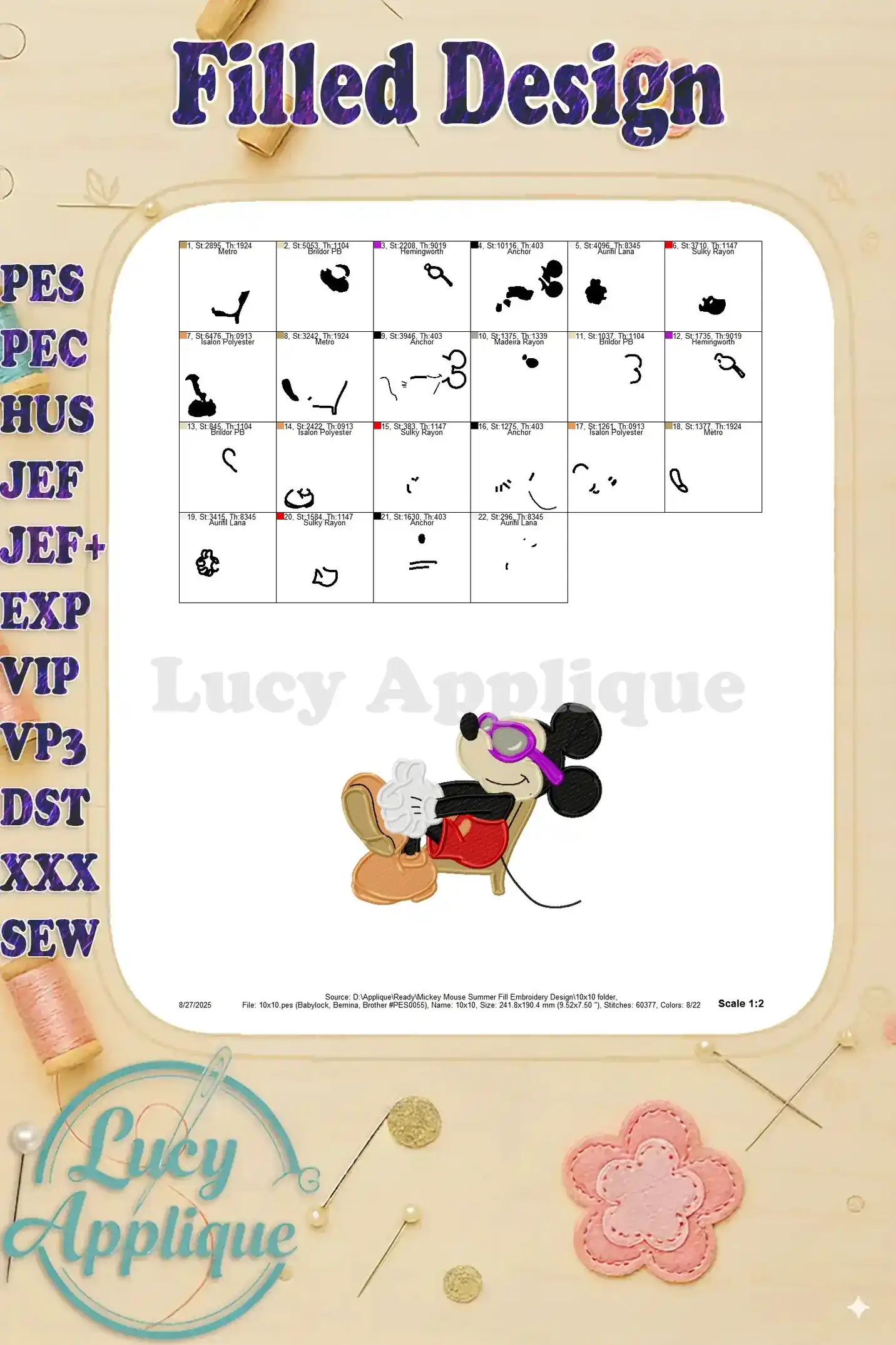 A detailed color chart providing a visual guide to the thread colors used in the Mickey Mouse summer embroidery design.