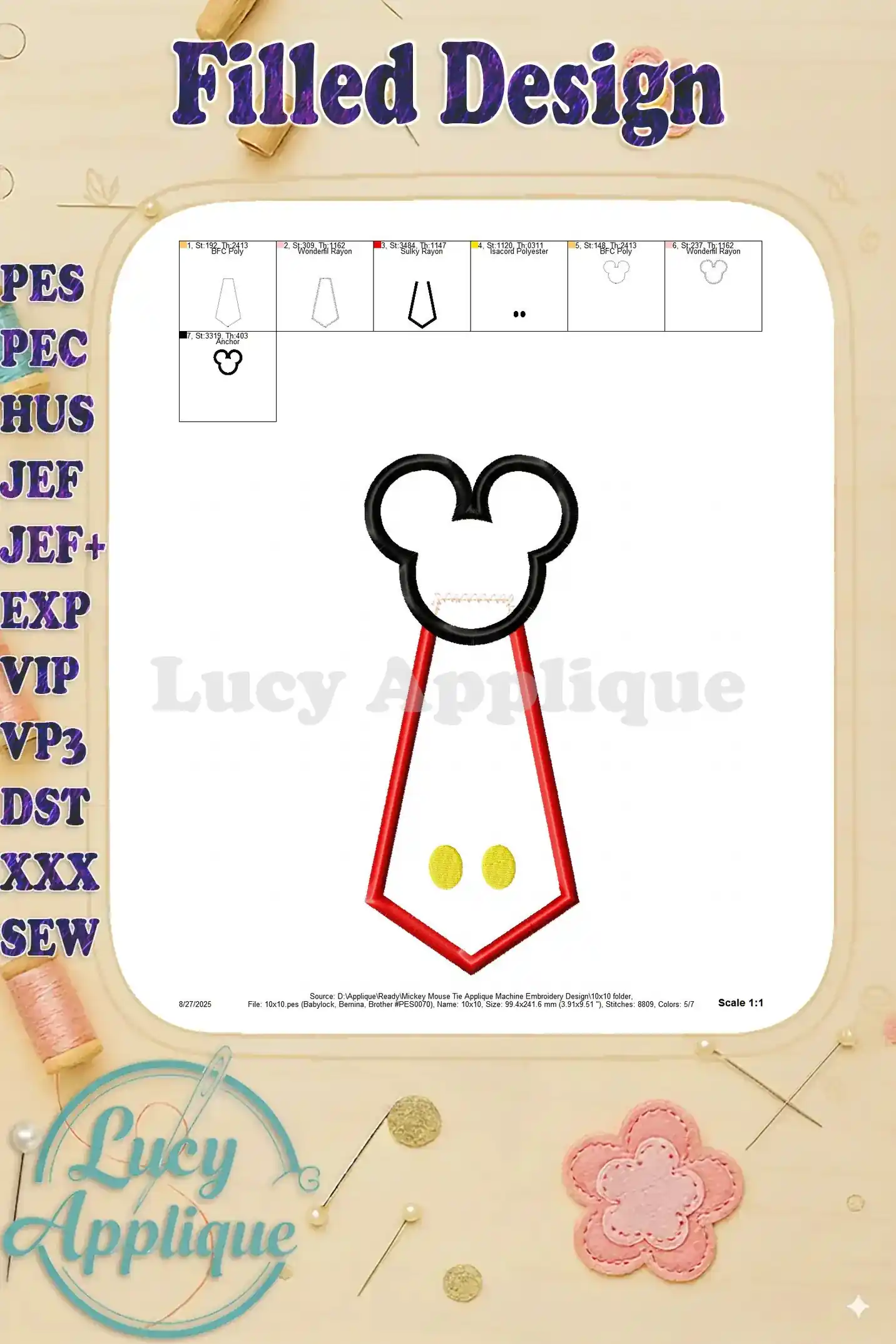 Filled design image showing a complete view of the Mickey Mouse tie applique machine embroidery design, with all the elements stitched.