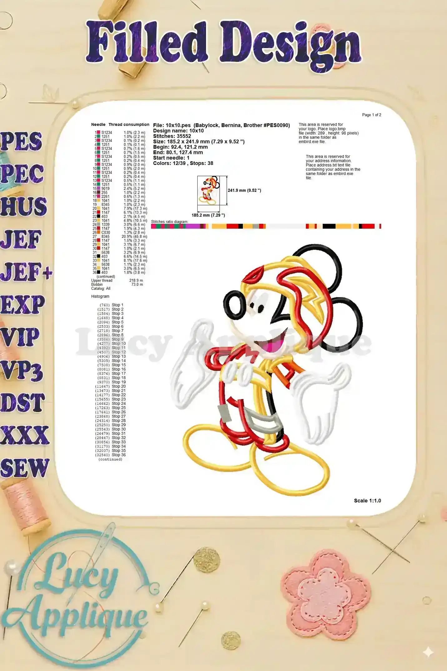 Third page of the filled design worksheet, showcasing stitch diagrams and color charts for the filled design.