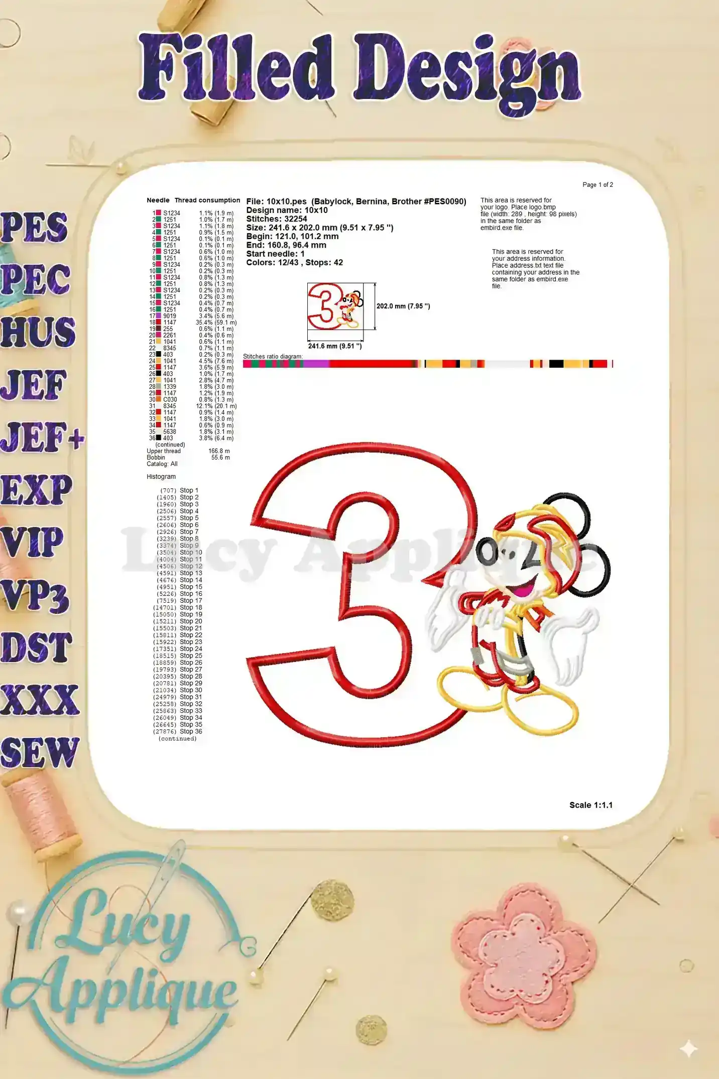 Design information sheet for the Mickey Mouse Roadster applique embroidery design, showing design name, size, and other details.