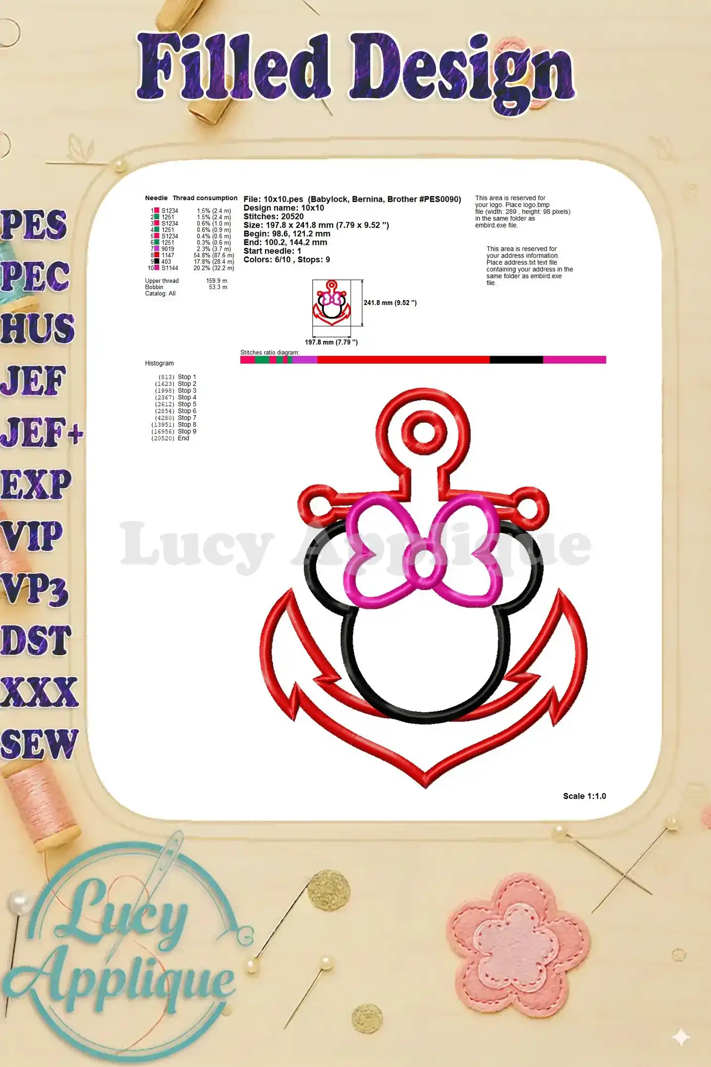 Detailed information regarding the thread consumption, stitch count, and other technical aspects of the Minnie Mouse anchor applique embroidery design.