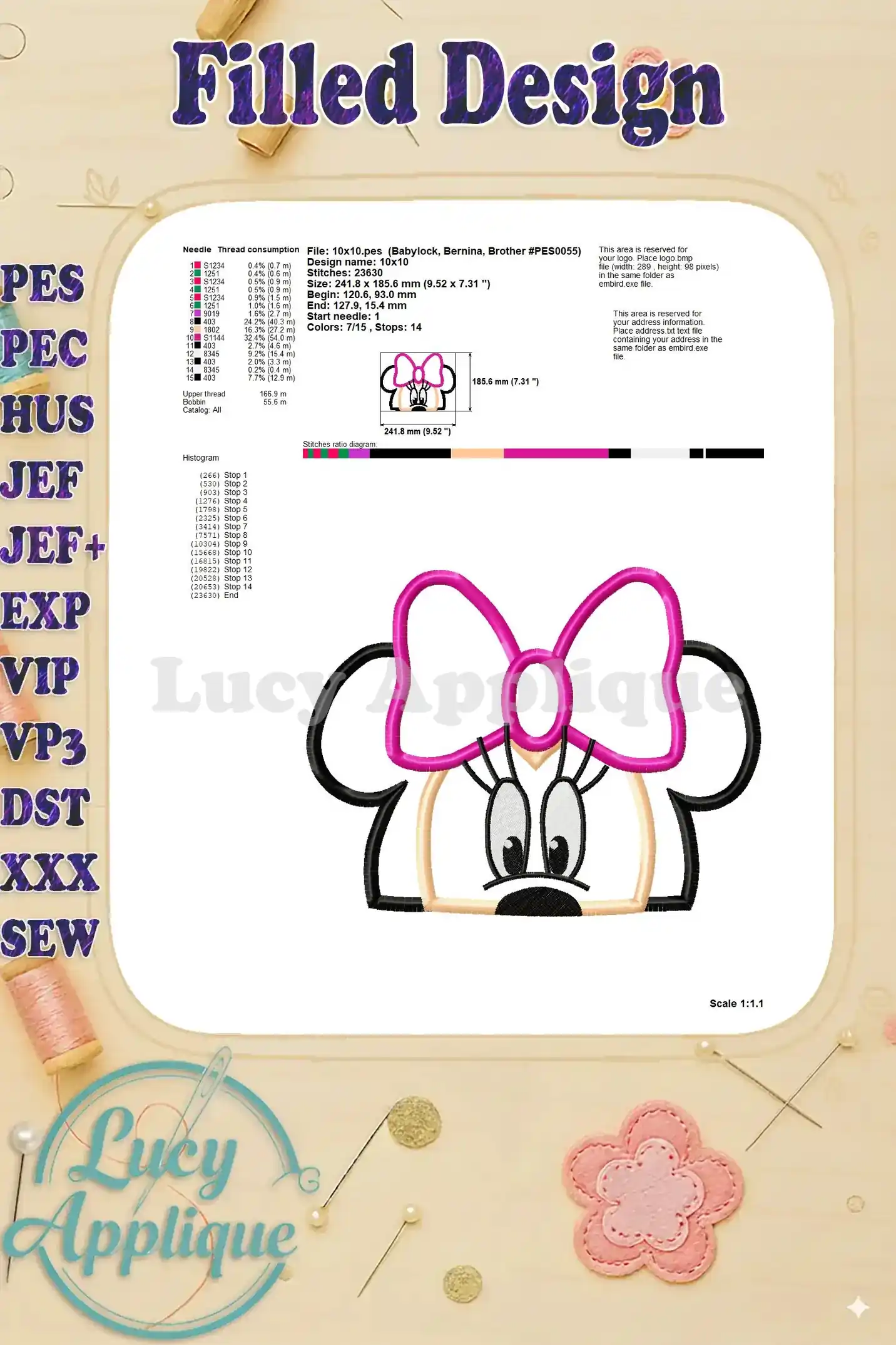 Detailed information about the Minnie Mouse applique embroidery design. Includes information such as needle consumption and stitch count for the design.