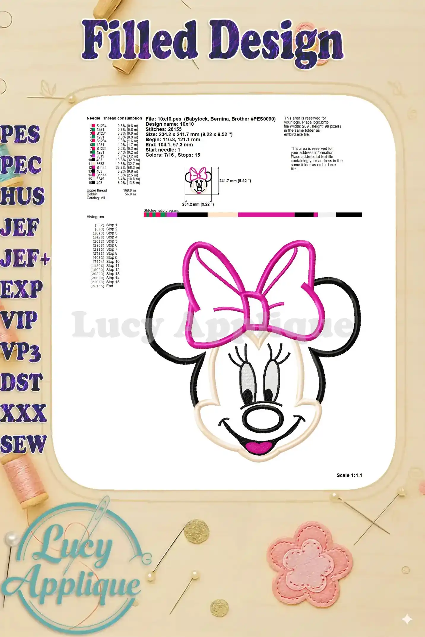Detailed information about the Minnie Mouse applique embroidery design, including stitch count, needle size, and other design specifications.