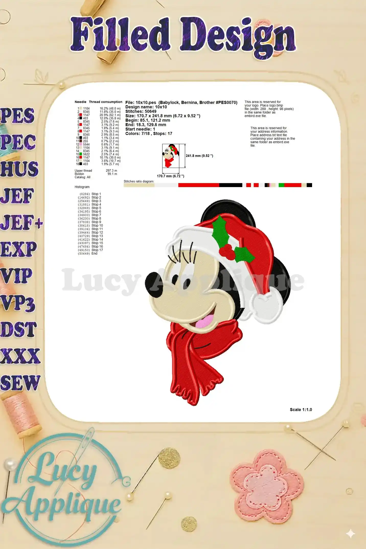 Additional design information and a smaller preview of the Minnie Mouse Christmas filled embroidery design, showing placement details and stitch count.