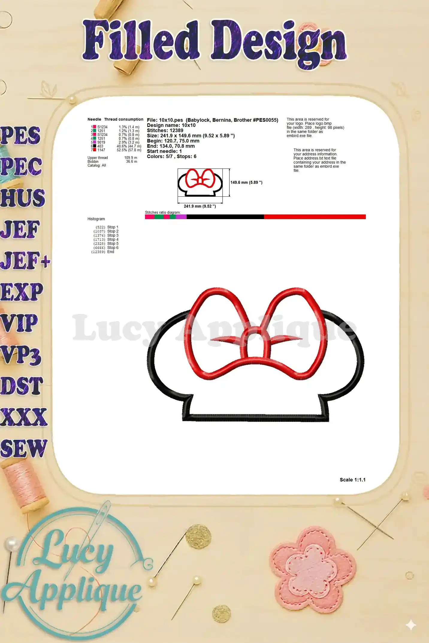 Detailed information about the filled design of Minnie Mouse ears applique, including needle, thread, and stitch specifications for accurate embroidery.
