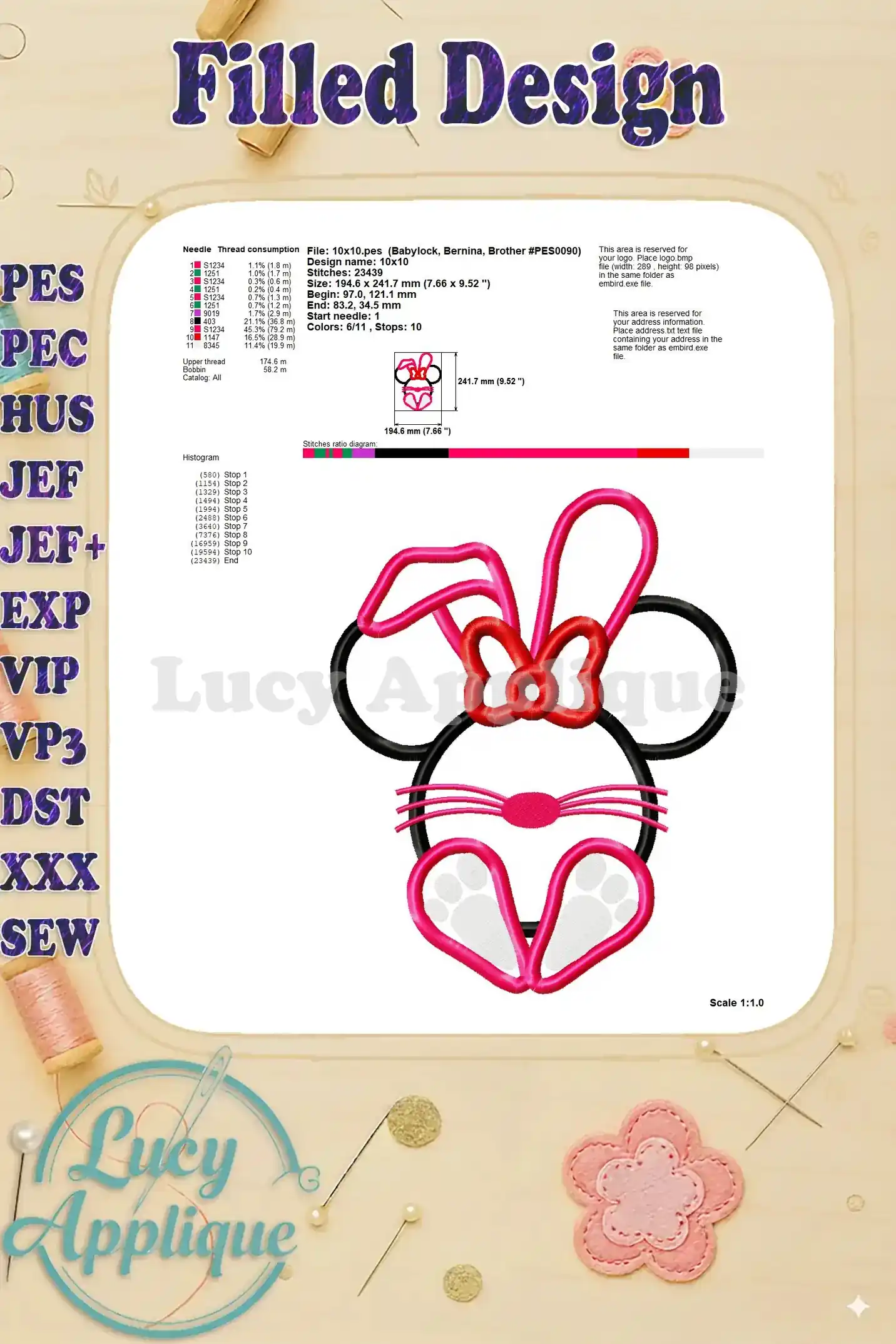 Detailed information on thread consumption, stitch diagram, and other technical specifications for the Minnie Mouse Easter Bunny embroidery design.