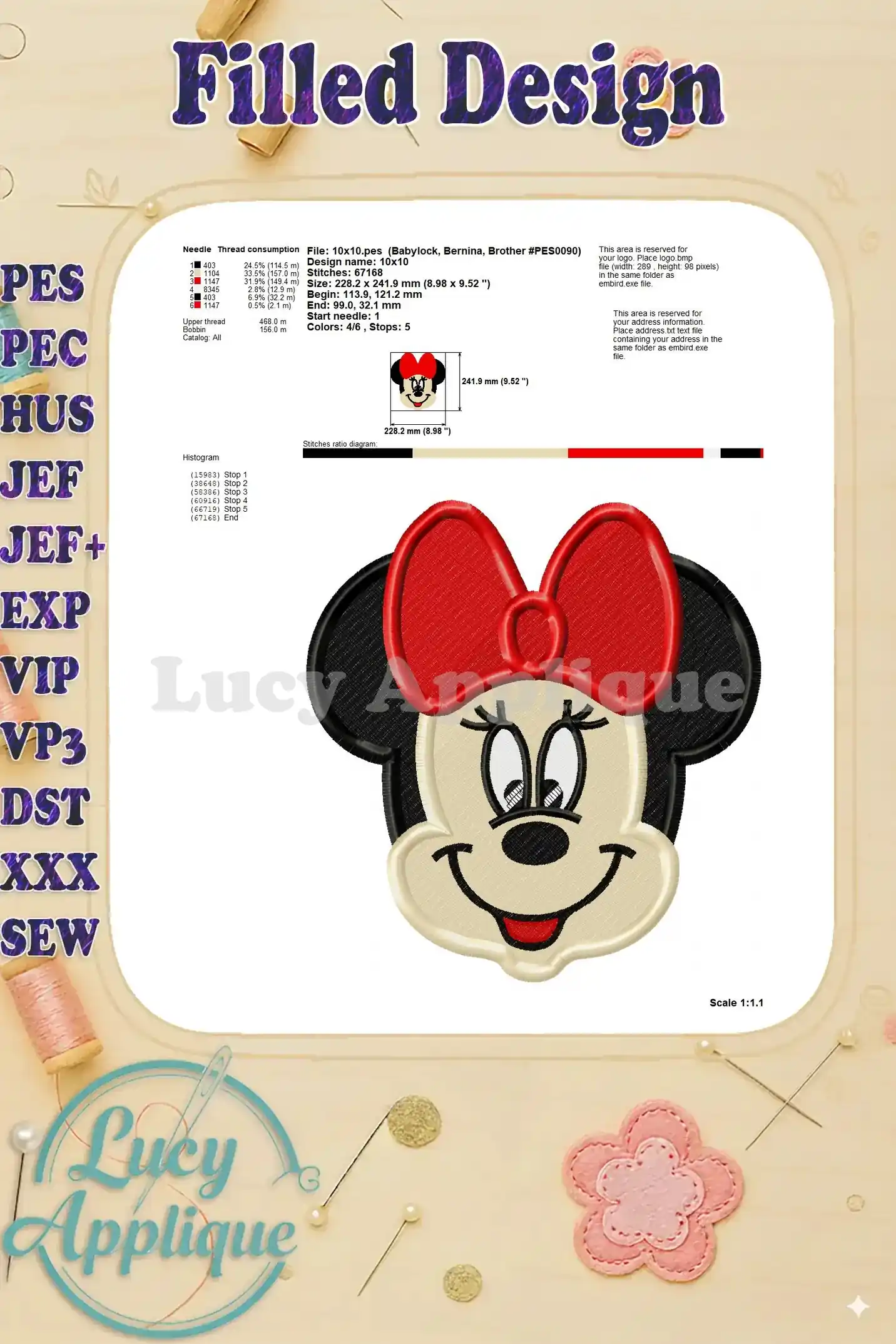 Detailed information on thread consumption, design dimensions, and needle information for the Minnie Mouse embroidery design.