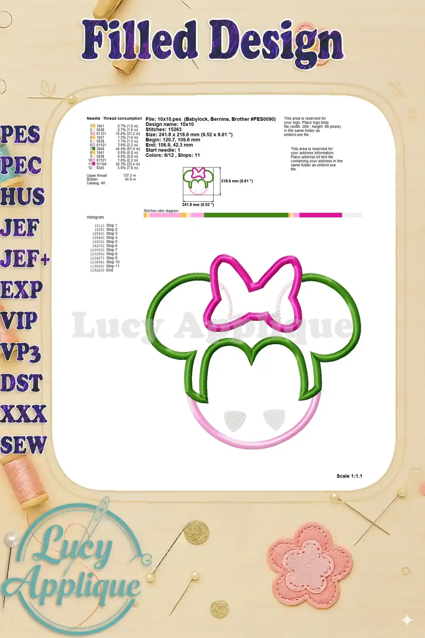 Detailed information about the filled Minnie Mouse Halloween applique design, including needle thread consumption, stitch count, and design dimensions. This is a technical sheet.