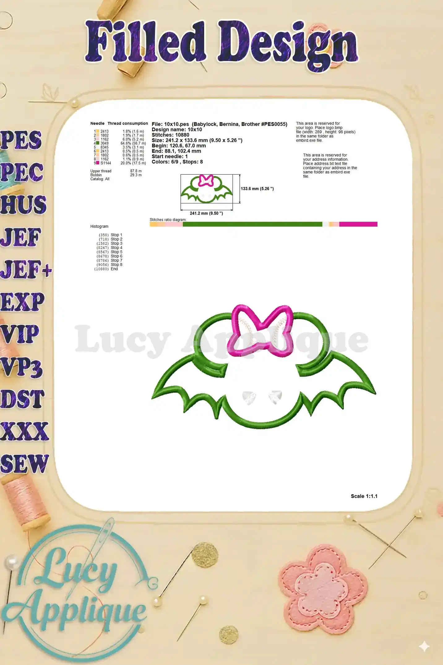 Detailed information on thread consumption and design specifications for the Minnie Mouse Halloween bat applique embroidery.