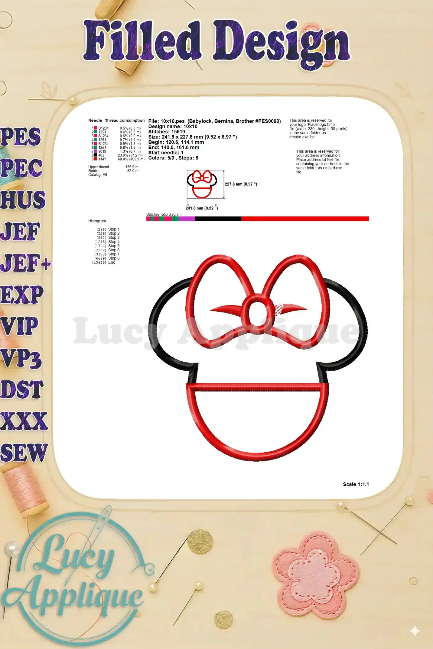 Detailed information on thread consumption, design size, and stitch count for the Minnie Mouse applique, useful for preparing materials.