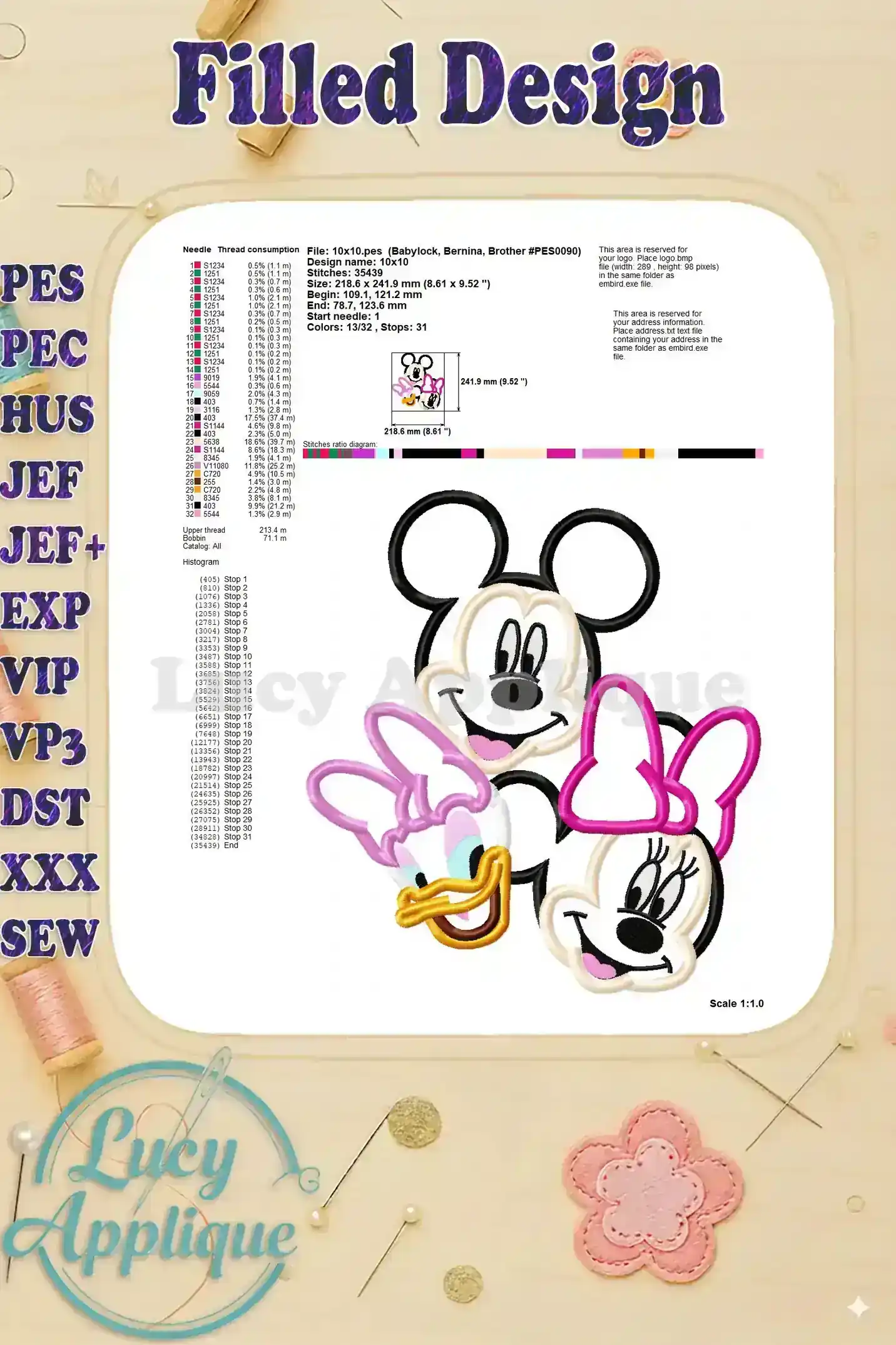 Detailed thread consumption chart for the filled applique embroidery design with stitch count and size information.