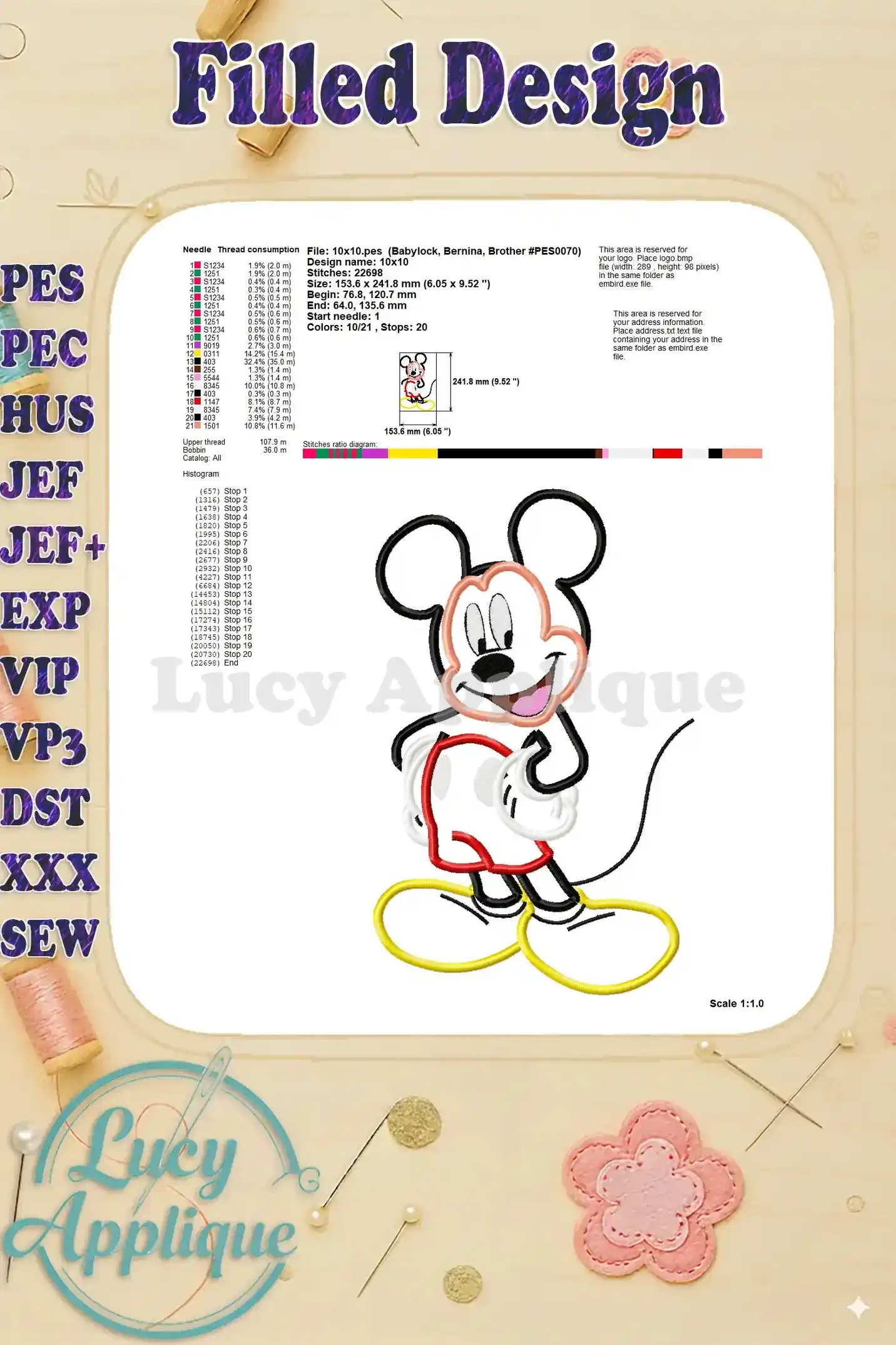 Filled design sheet with details on needle, thread, and stitch counts for the Mickey Mouse applique. All the information you need in one place!