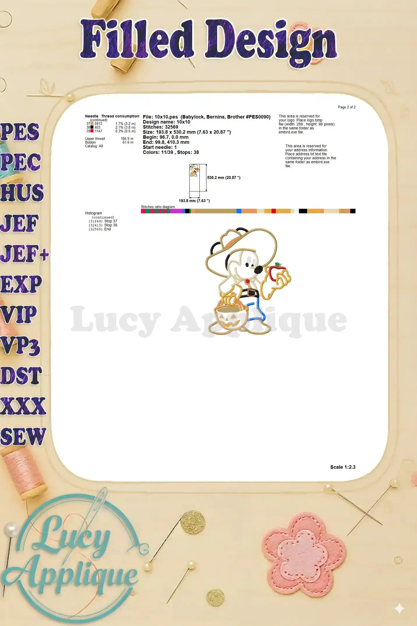 Fourth page of filled design worksheet for Mickey Mouse Halloween applique, showing stitch details, color chart, and software information.