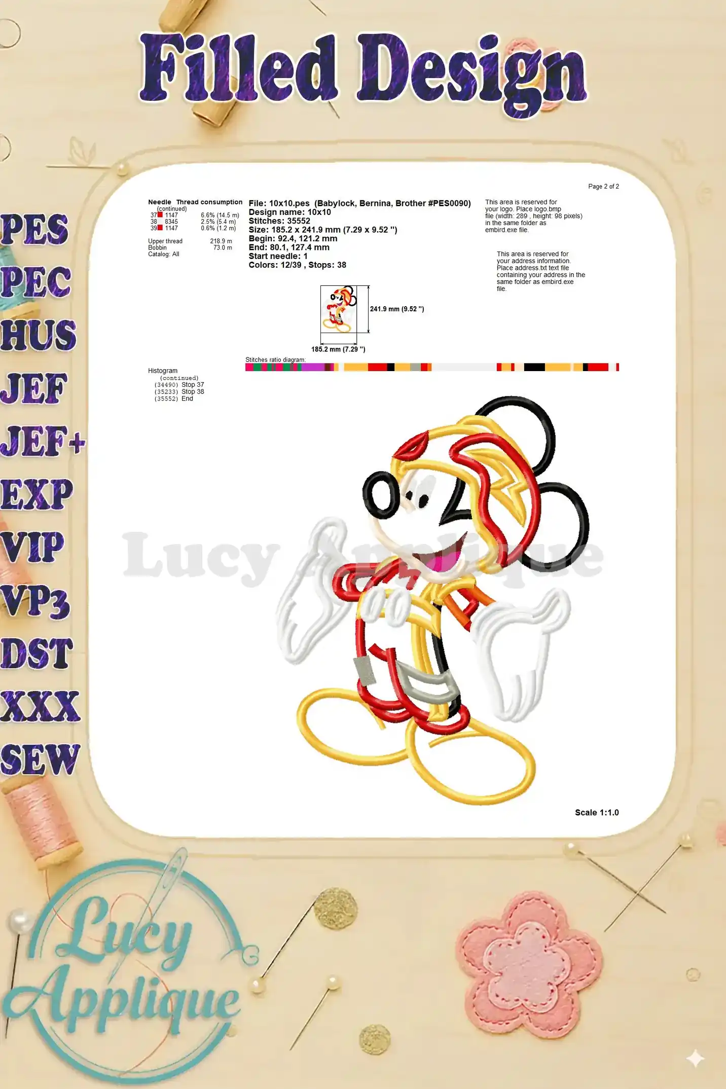 Fourth page of the filled design worksheet, showing stitch diagrams and color charts for the filled design.