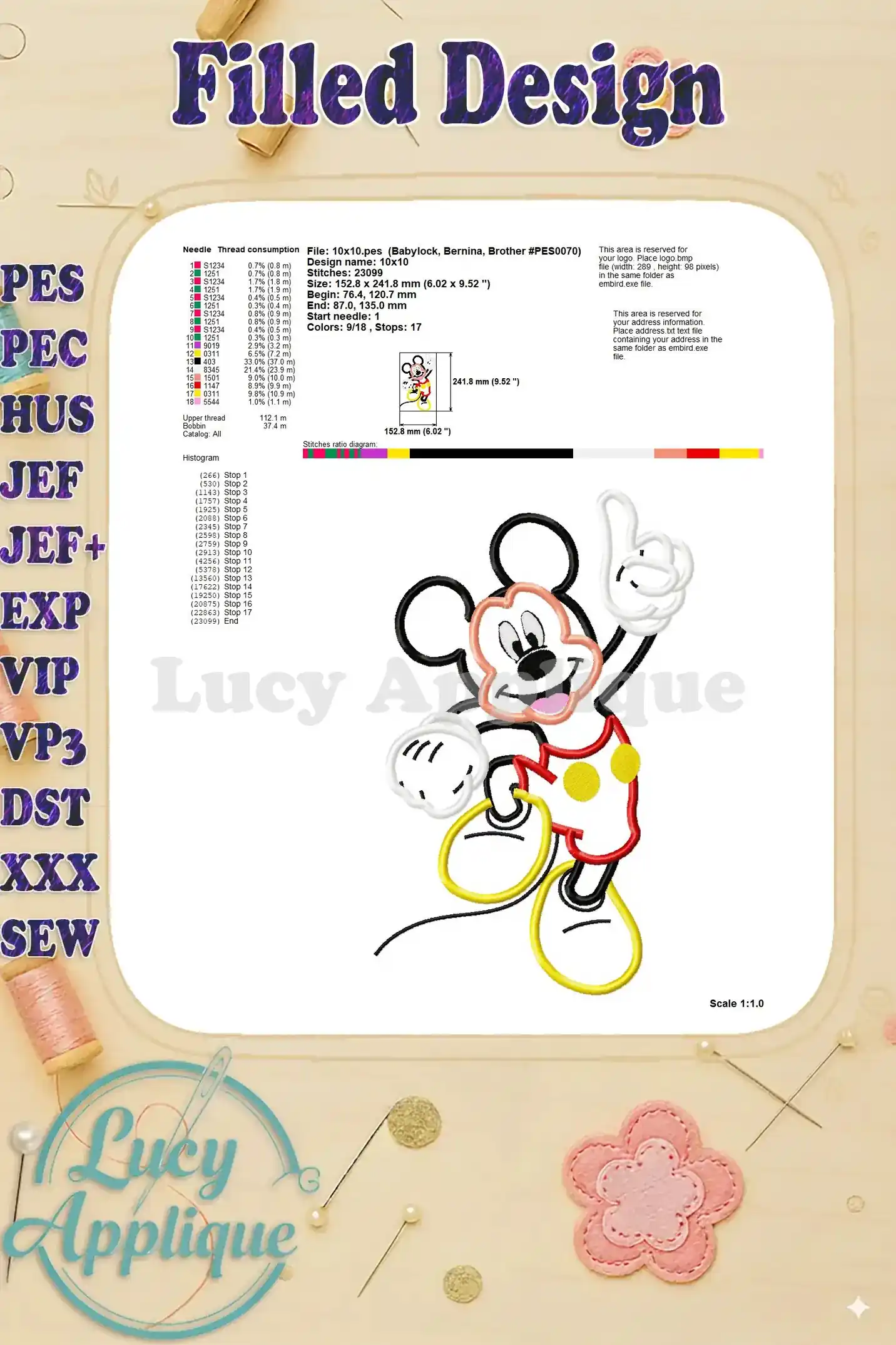 Technical specifications for the Mickey Mouse applique embroidery design, including thread consumption and stitch details.