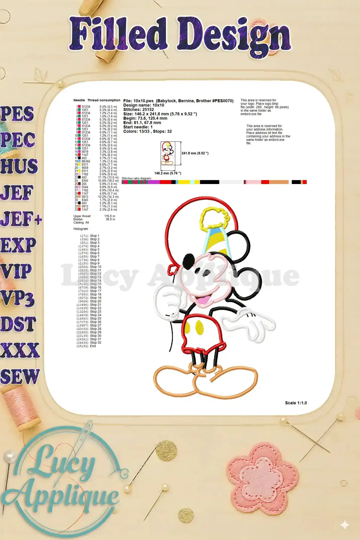 Detailed filled design chart for the Mickey Mouse Birthday Applique, including thread consumption and stitch diagram for easy embroidery.