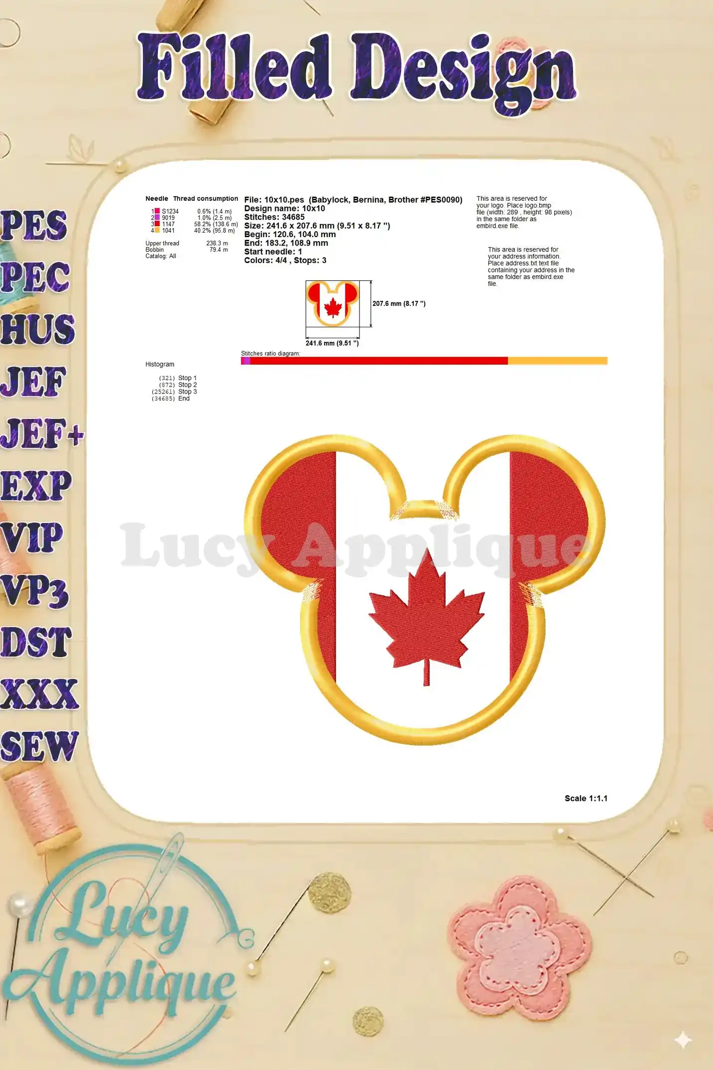 Detailed information on needle, thread, and stitch specifications for embroidering the Mickey Mouse Canada applique design.