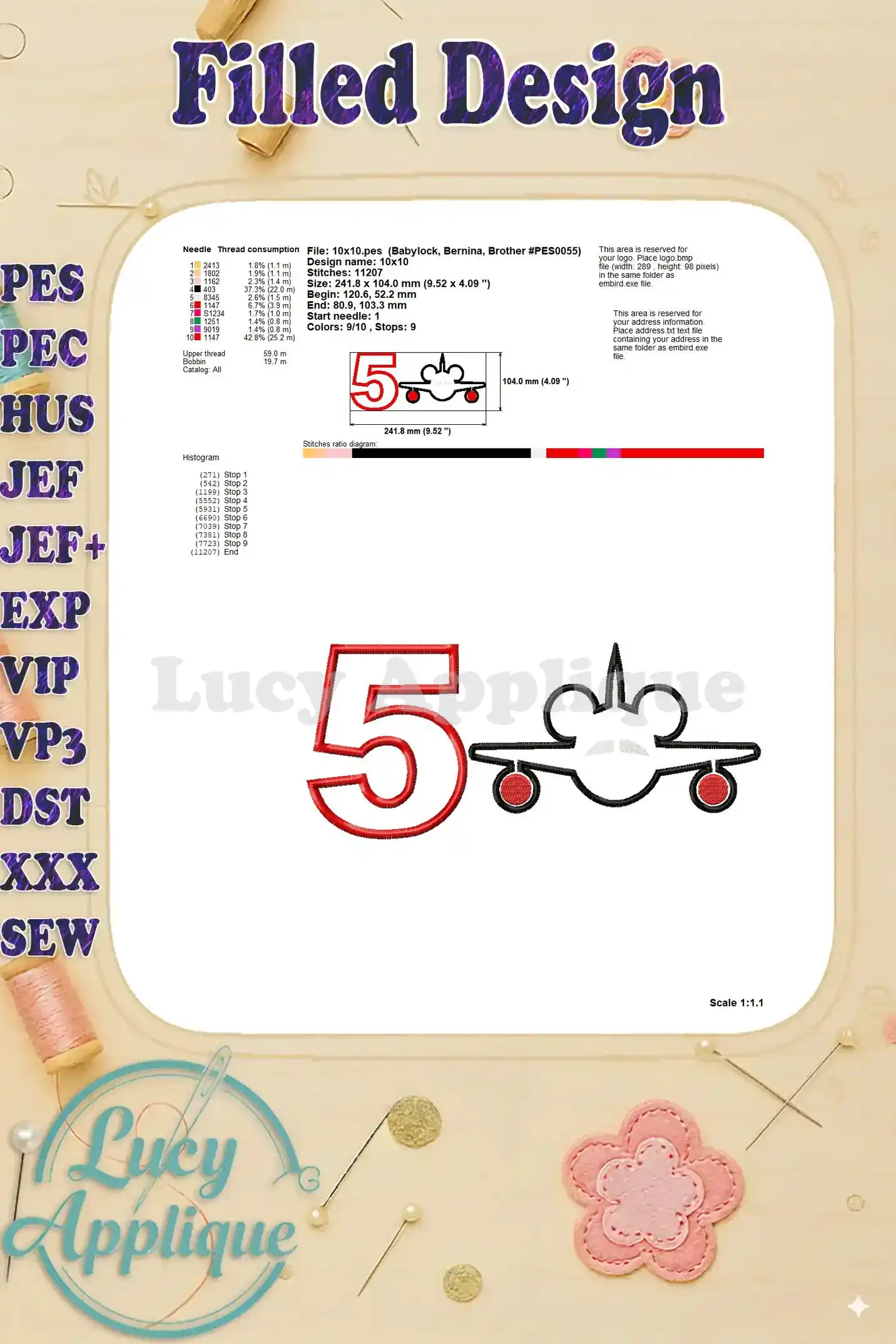 Detailed information on needle and thread consumption, design dimensions, and stitch count for the Mickey Mouse airplane applique. Technical details.