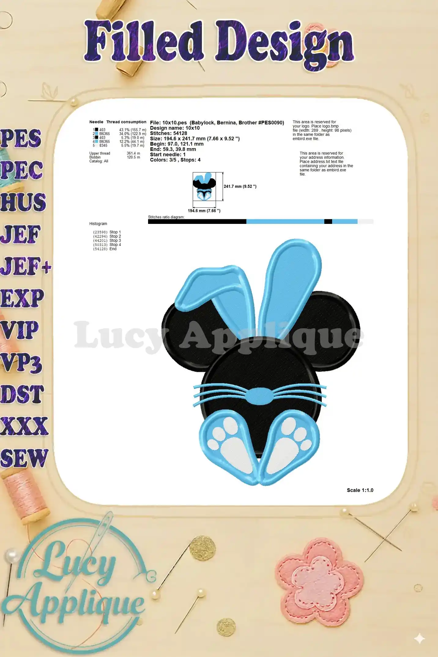 Detailed information on thread consumption, design size, stitch ratio, and other technical specifications for the Mickey Mouse Easter Bunny design.