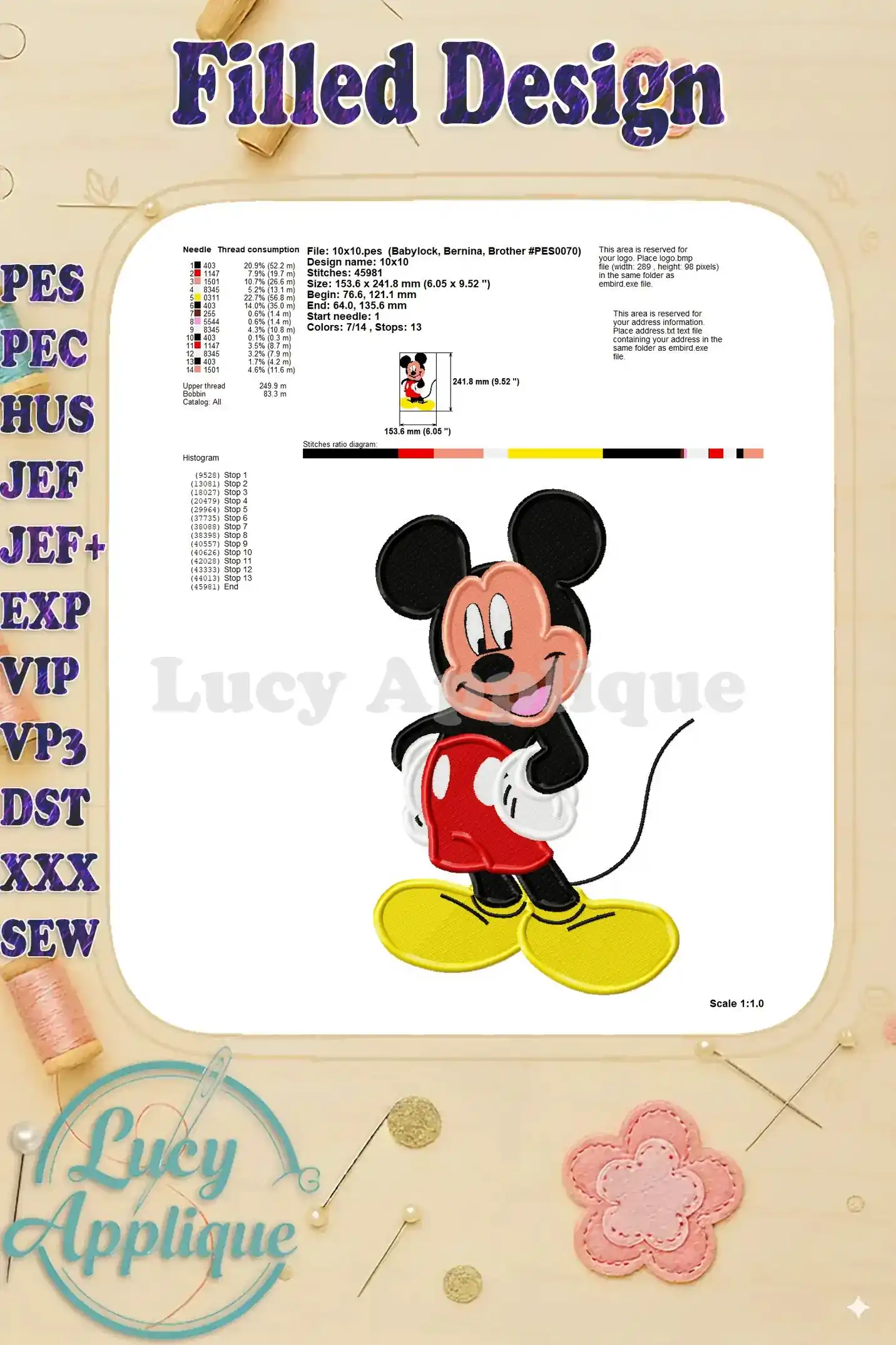 A detailed overview of the Mickey Mouse embroidery design, including stitch count, dimensions, and thread consumption.