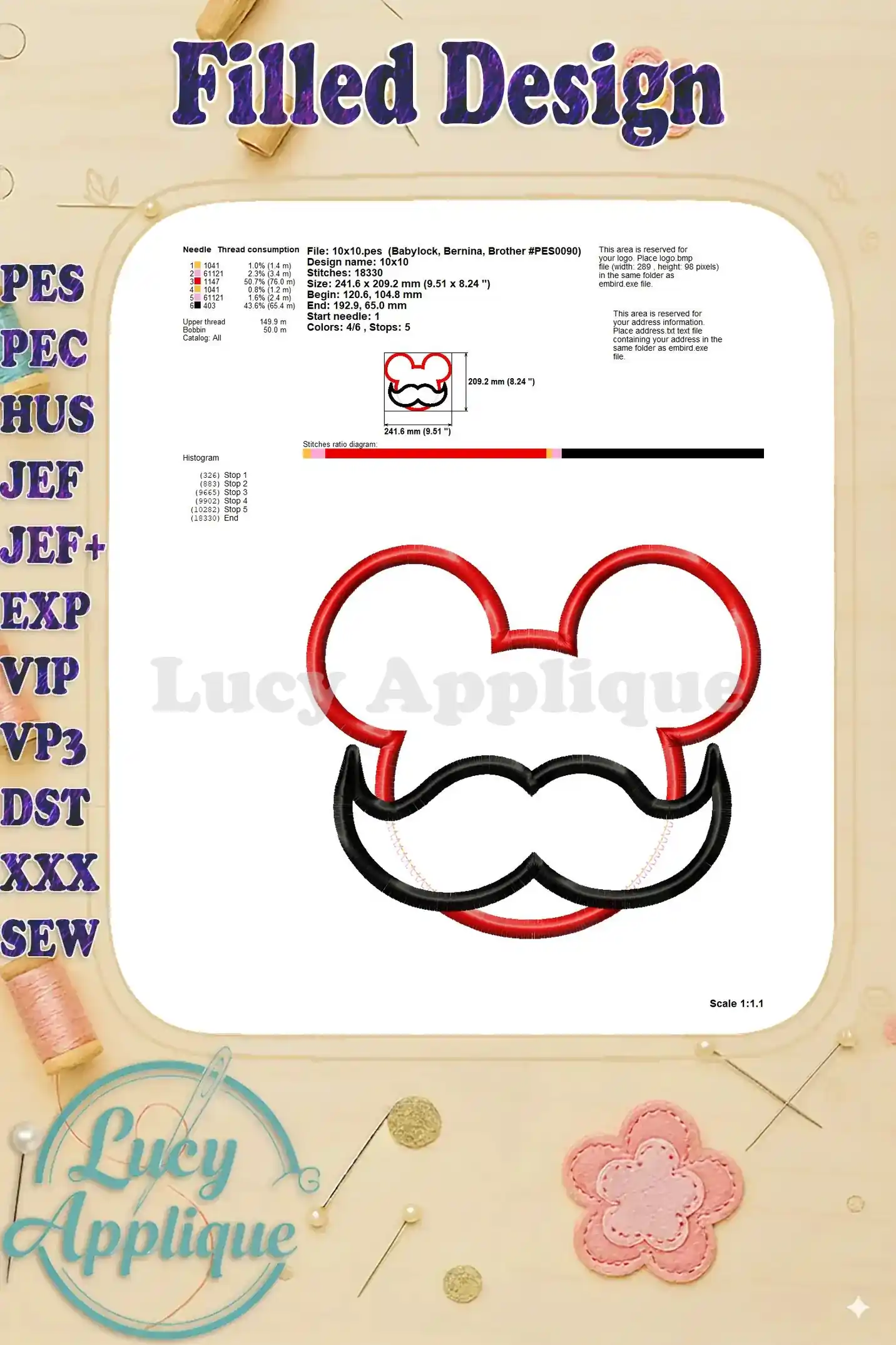 Filled design image showing details like needle consumption, design dimensions, and stitch details of the Mickey Mouse applique embroidery design.