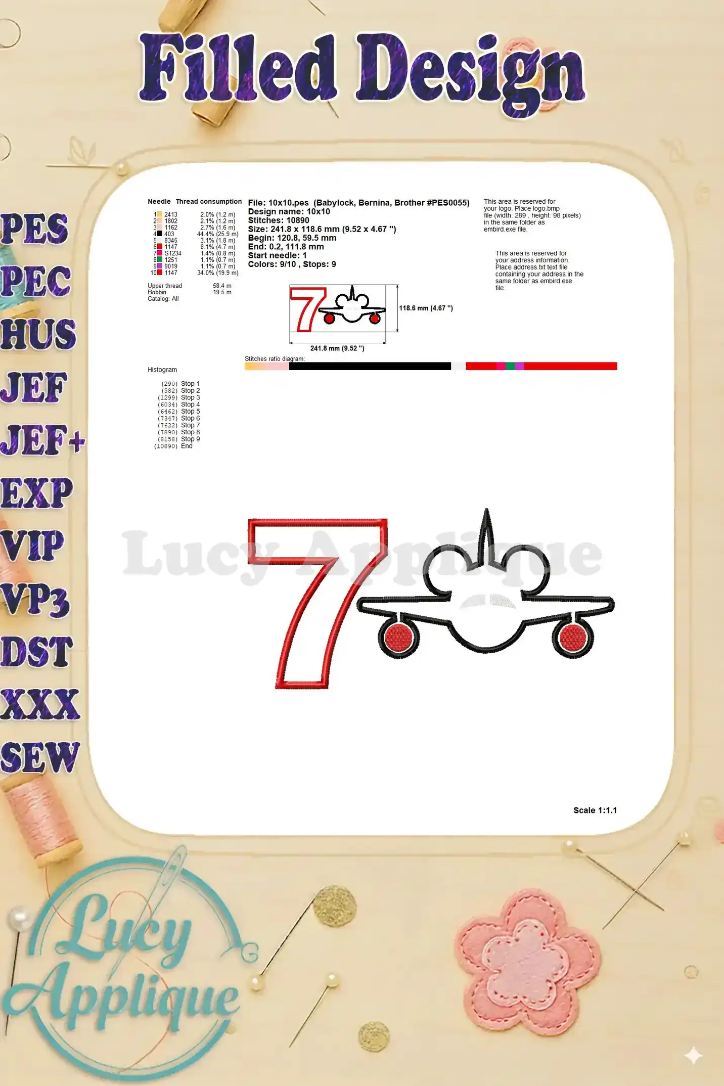 Detailed specifications for the Mickey Mouse airplane applique design, including needle type, thread usage, and stitch details.