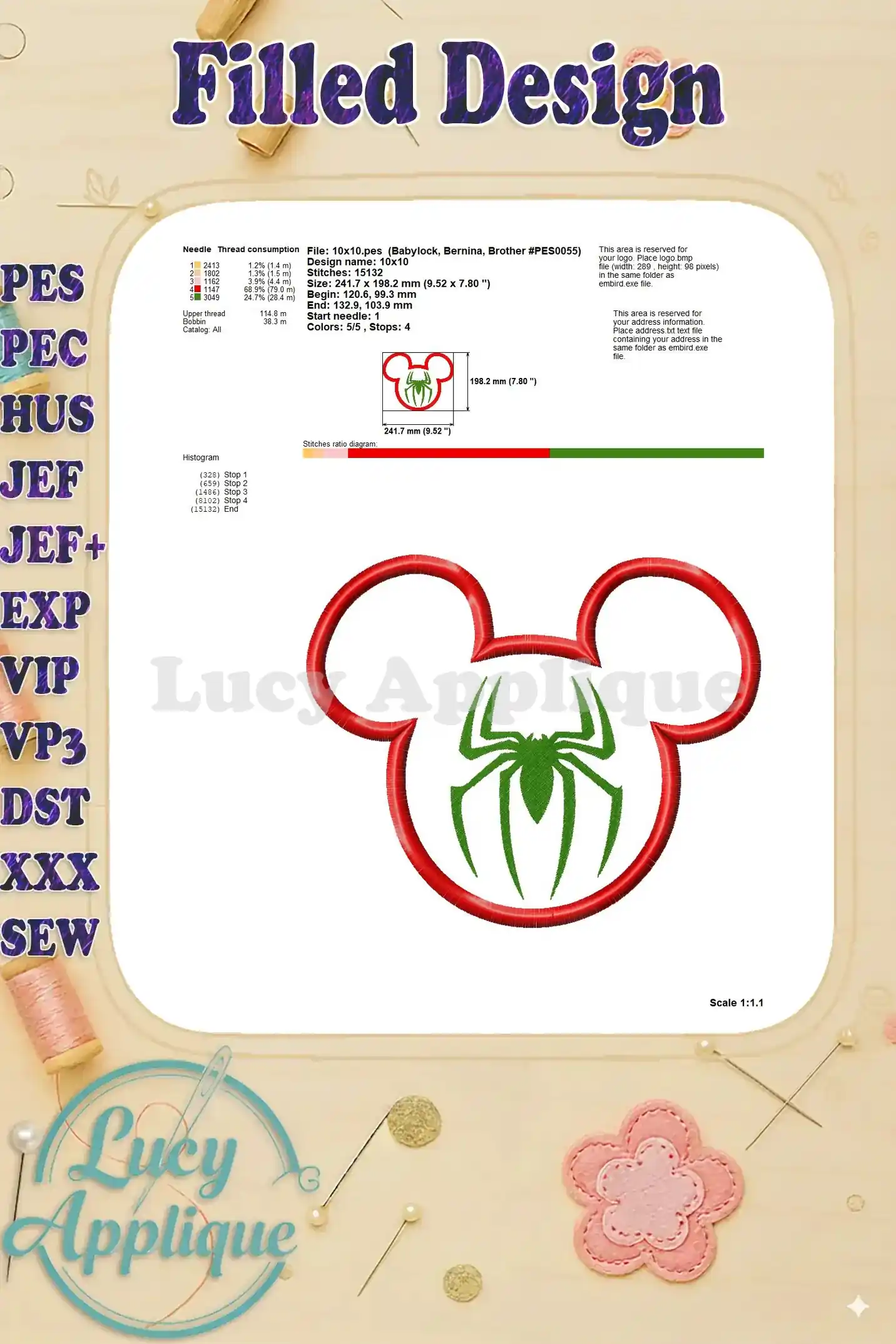 Detailed information on the filled design, including thread consumption, stitch count, and dimensions. Perfect for precise embroidery.