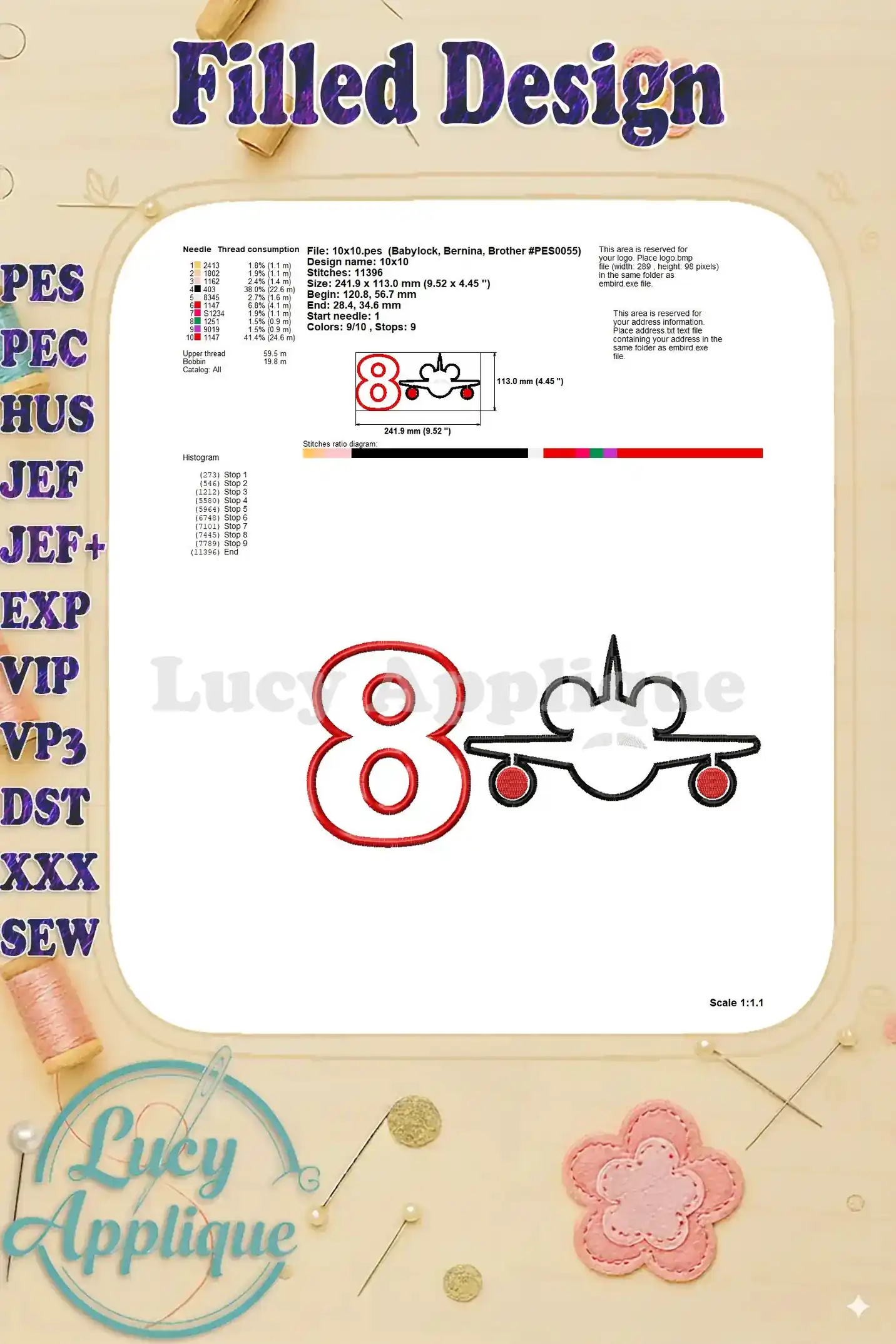 Detailed information on thread consumption, stitch count, and design dimensions for the Mickey Mouse airplane applique. Helpful for preparation.