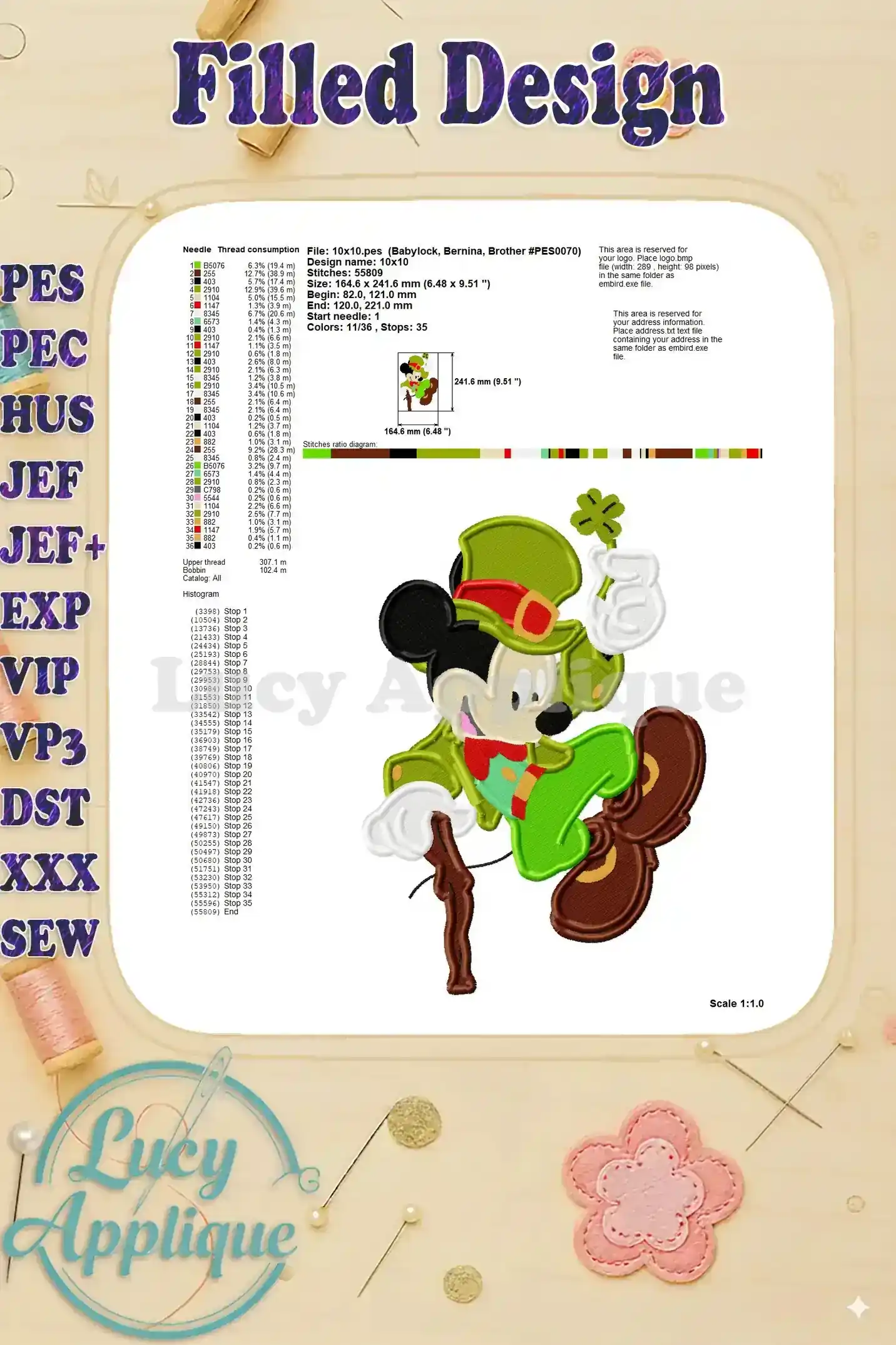A detailed thread chart for the Mickey Mouse Spring Fill Embroidery design, showing thread consumption and other details.