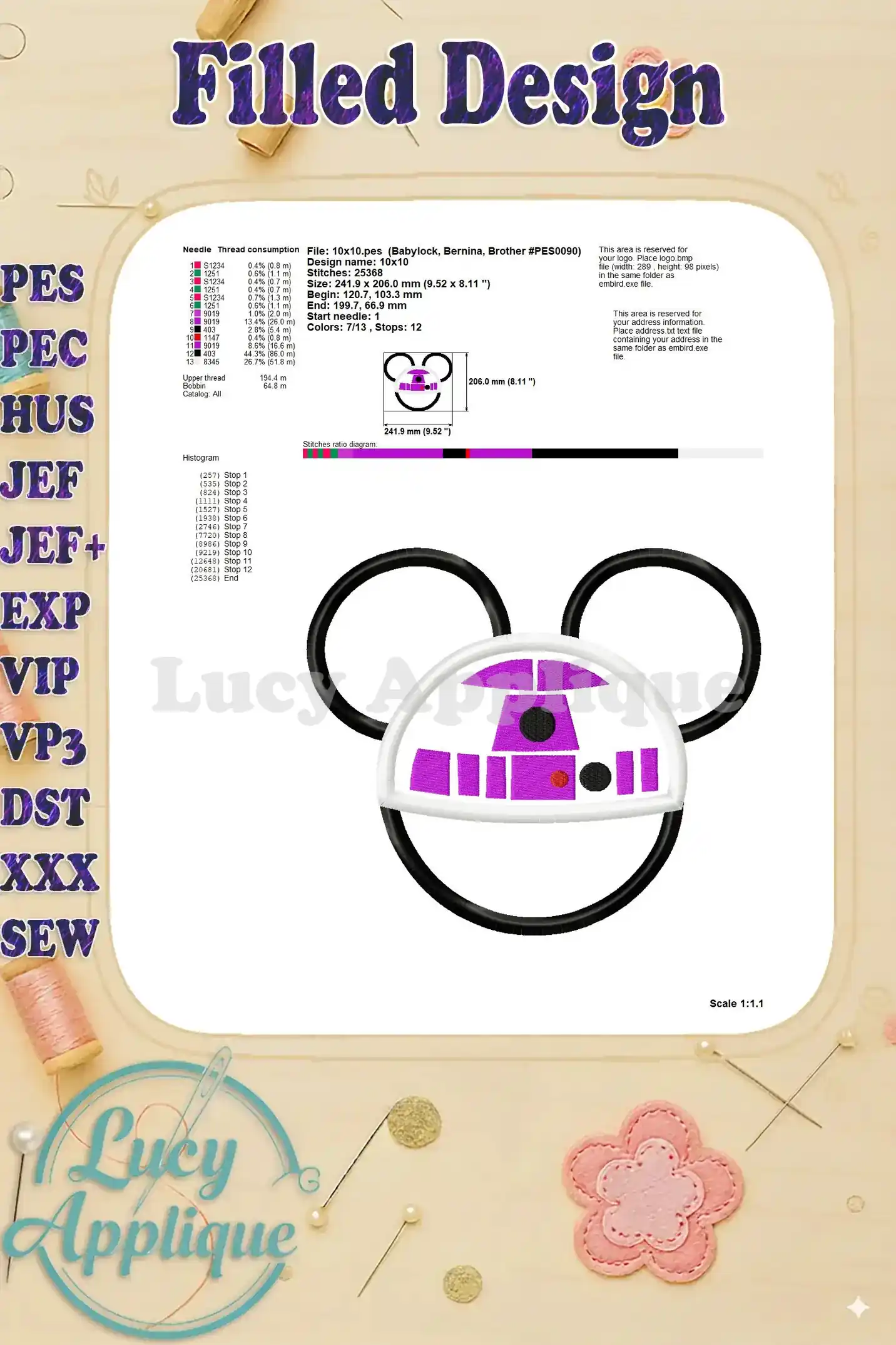 Needle thread consumption and design specifications for the Mickey Mouse Star Wars applique design. Provides crucial information for the embroidery process.