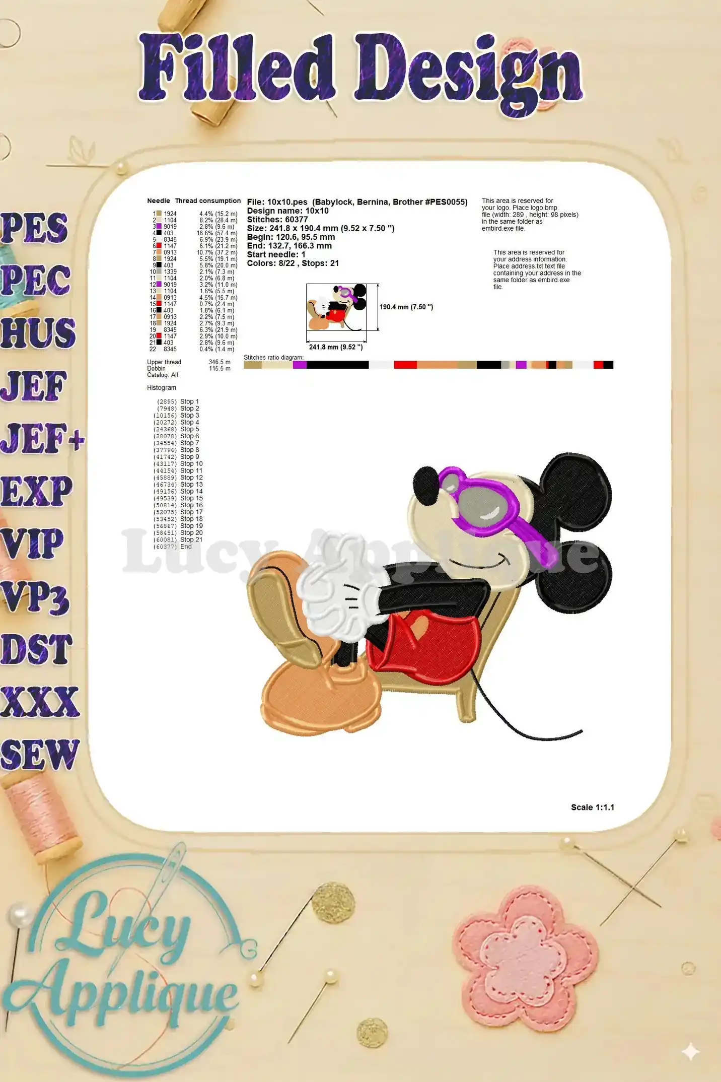 A detailed preview of the Mickey Mouse summer embroidery design, showing the dimensions and stitch count. It also displays compatible machine formats.