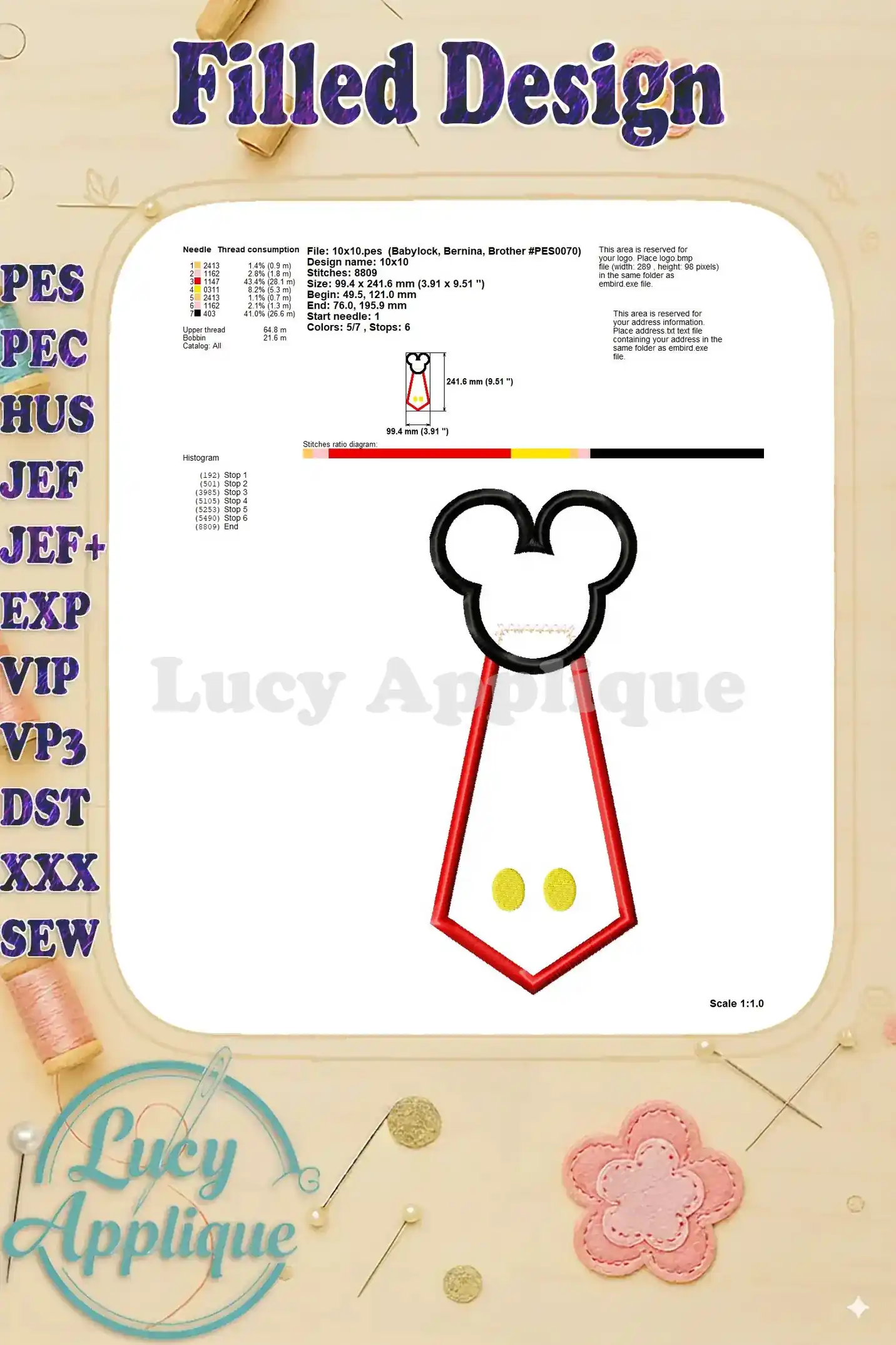Needle and thread consumption details for the Mickey Mouse tie applique machine embroidery design, along with a visual representation of the design.